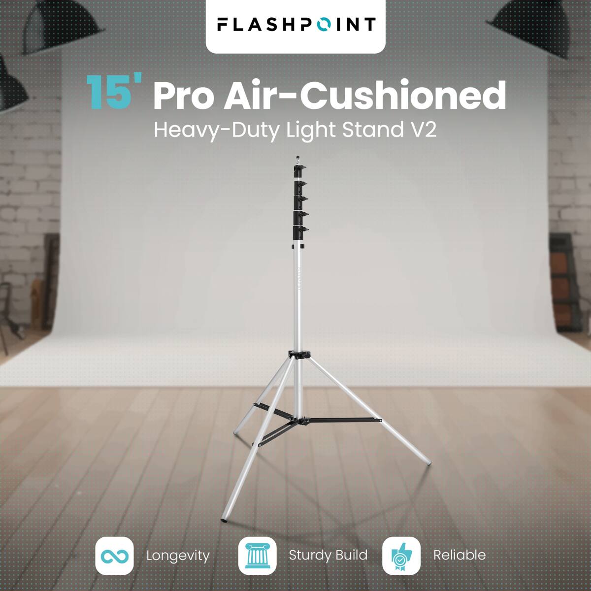 FLASHPOINT  
15' Pro Air-Cushioned Heavy-Duty Light Stand V2  
Longevity  
Sturdy Build  
Reliable