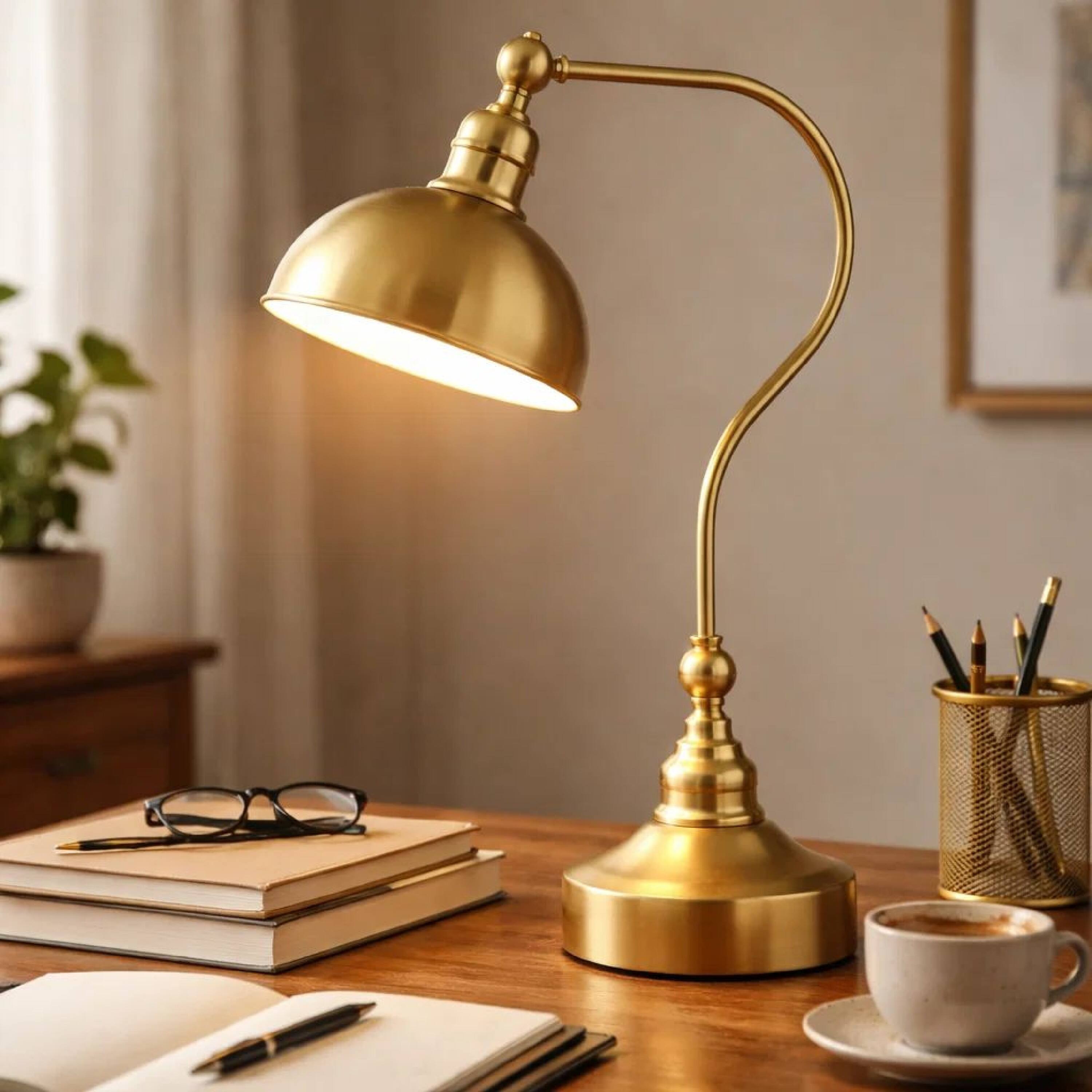 Alt View 2. Manhattan Lane - 25 Inch Metal Curved Desk Lamp, Adjustable Dome Shade - Brass.