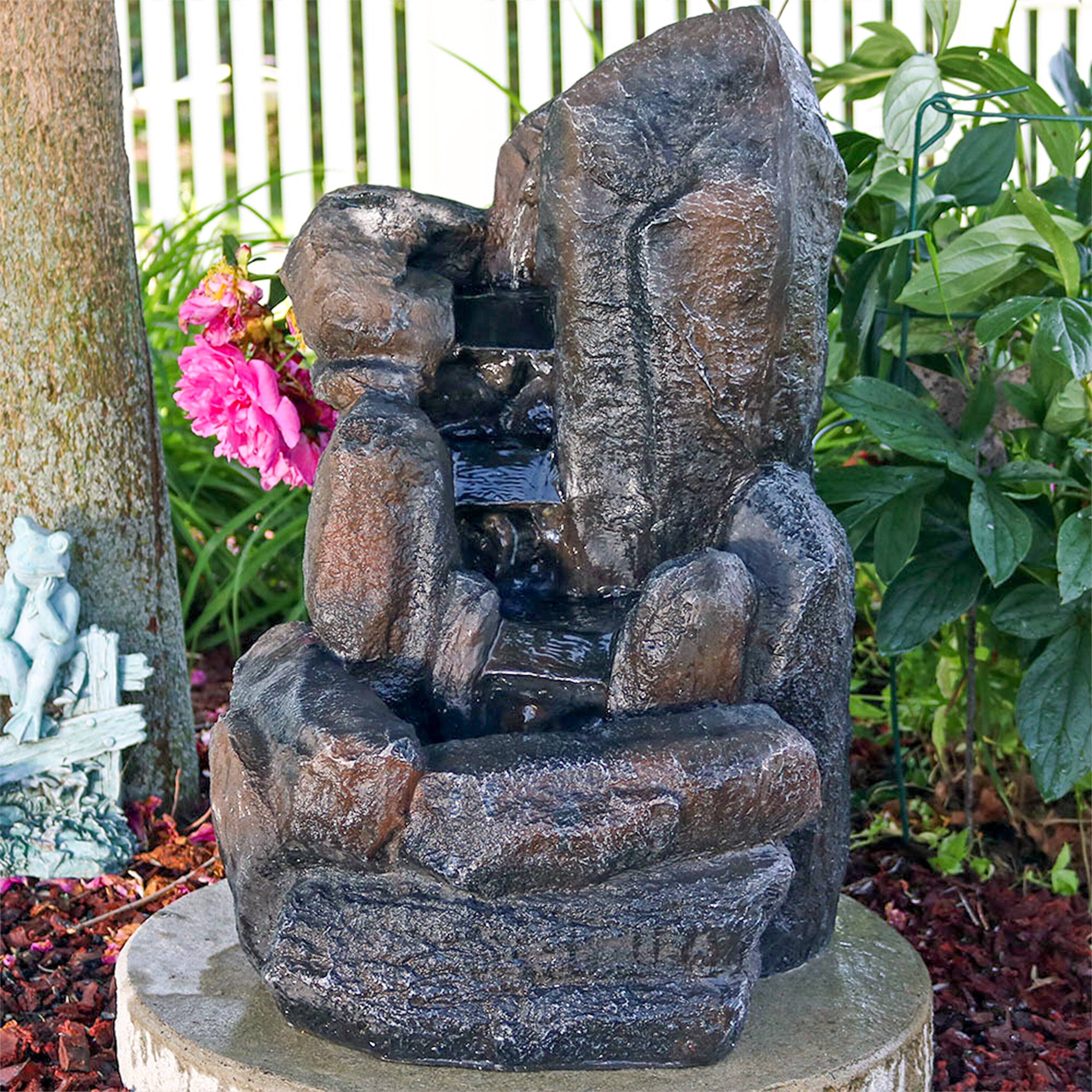 Alt View 5. Sunnydaze - Polyresin Rock Falls Solar Water Fountain with Battery - 22 in - Dark Brown.