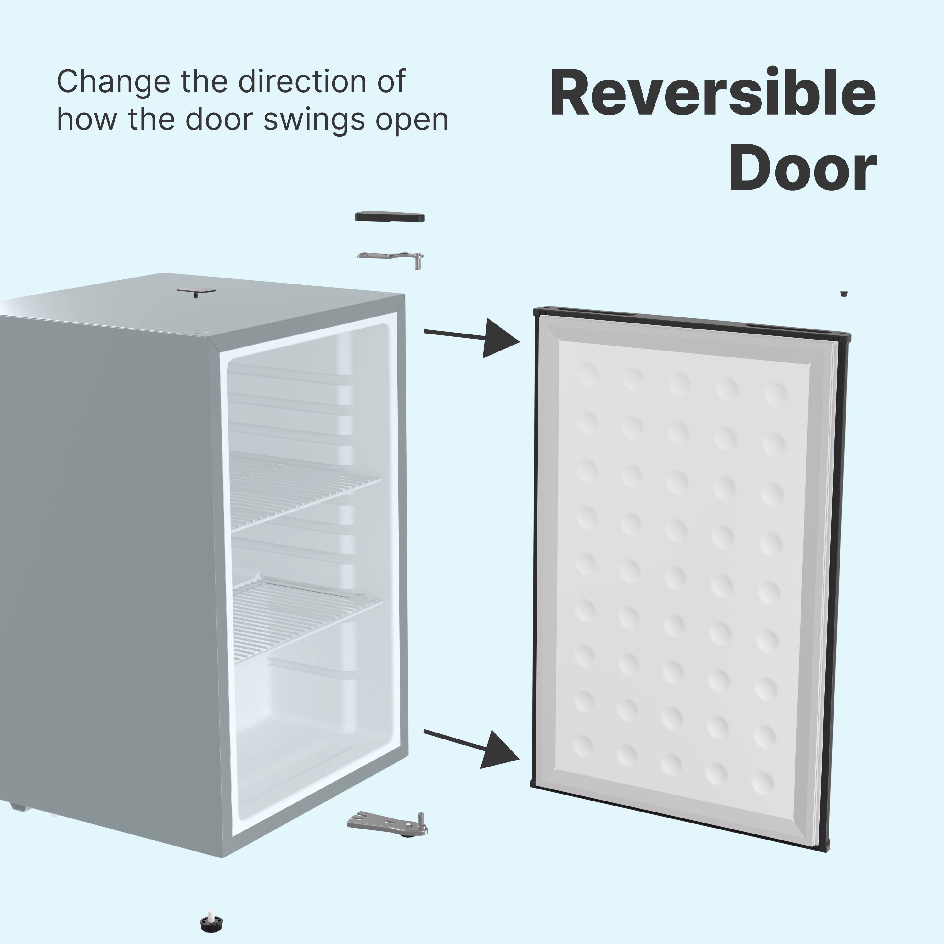 Change the direction of how the door swings open

Reversible Door