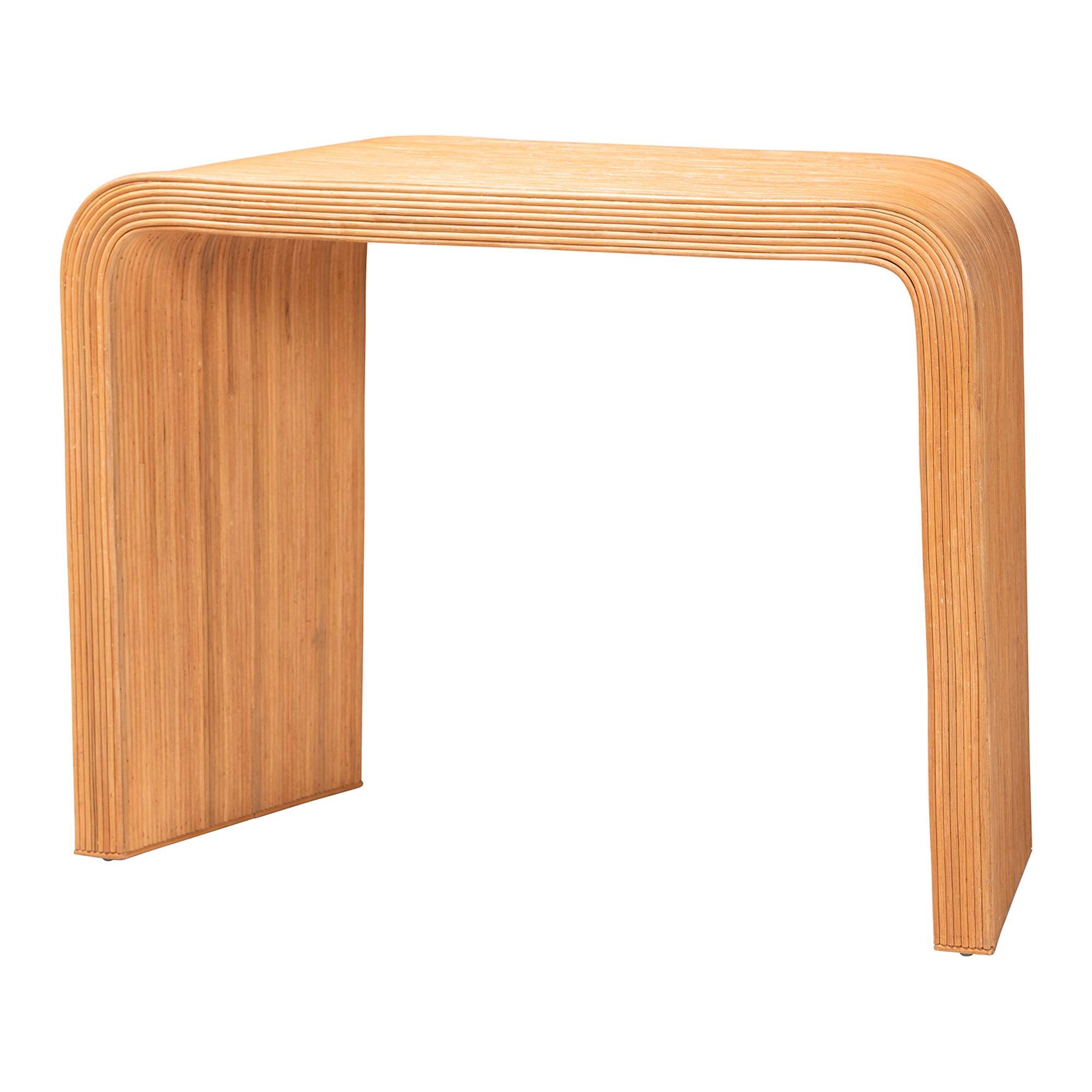 Angle. bali & pari - Eilis Bohemian Fluted Rattan Waterfall Console Table - Light Honey.