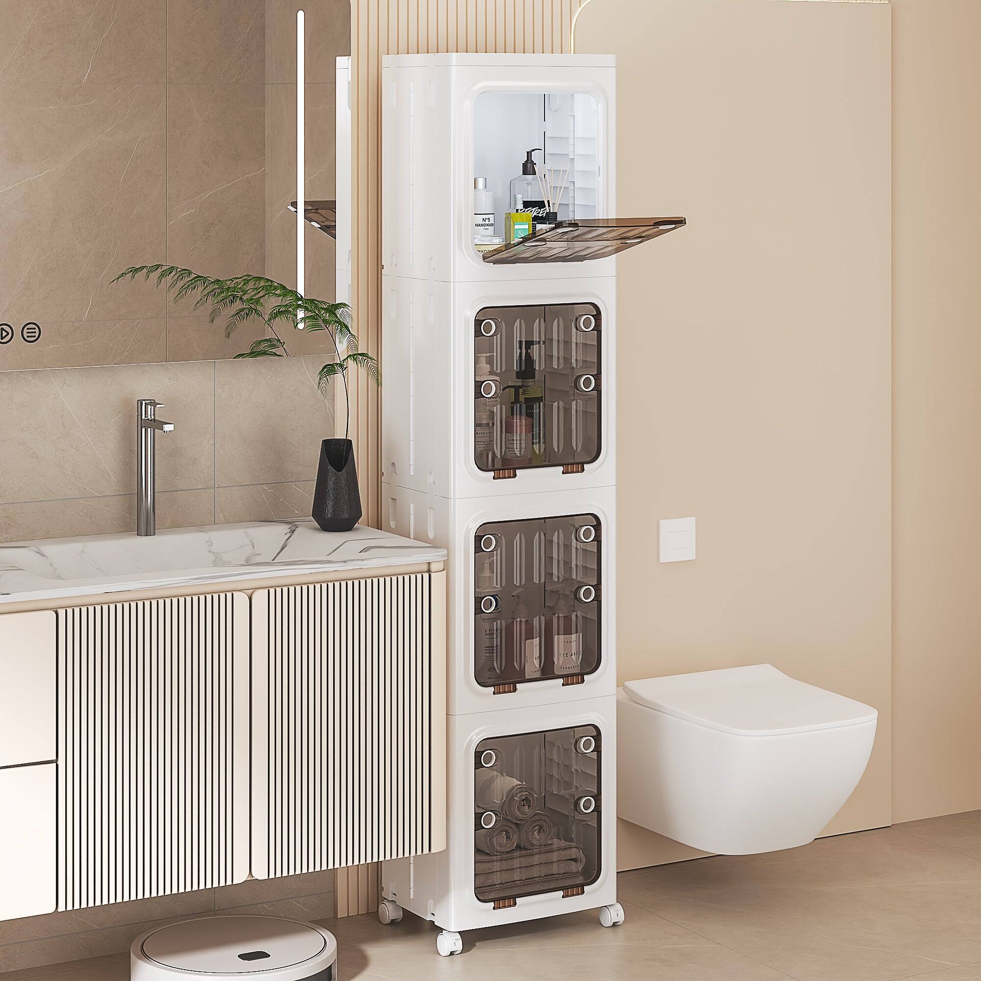 Left. Vecelo - 4-Tier Foldable Plastic Storage Cabinet with Transparent Doors and Wheels,Waterproof,Easy Snap-Together Assembly, White - 4-Tier.