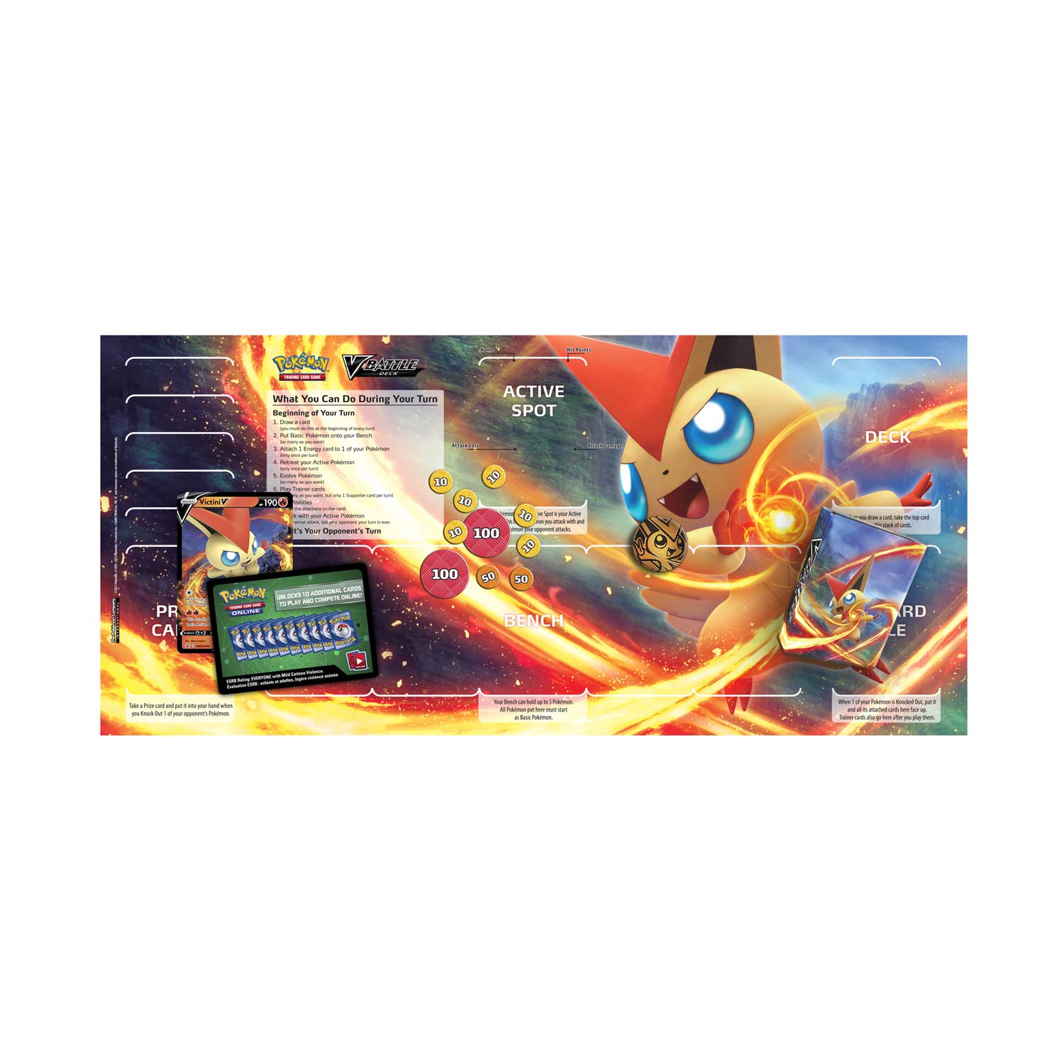 **Pokémon V-STAR**

**What You Can Do During Your Turn**
Beginning of Your Turn:
1. Draw 1 card.
2. You may play a Pokémon card from your hand to your Bench.
3. You may play a Pokémon card from your hand to your Active Spot.
4. You may play a Pokémon card from your hand to your Bench.
5. You may play a Pokémon card from your hand to your Bench.
6. You may play a Pokémon card from your hand to your Bench.
7. You may play a Pokémon card from your hand to your Bench.
8. You may play a Pokémon card from your hand to your Bench.
9. You may play a Pokémon card from your hand to your Bench.
10. You may play a Pokémon card from your hand to your Bench.

**ACTIVE SPOT**
- 100 HP
- 100 HP
- 100 HP

**DECK**
- 100 cards

**PR CA**
- 100 cards

**BENCH**
- 50 cards

**CARD**
- 50 cards

**BENCH**
- 50 cards

**BENCH**
- 50 cards

**BENCH**
