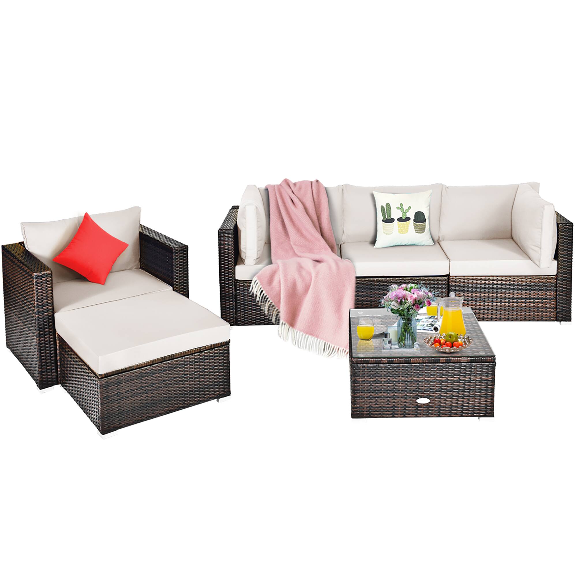Left. Costway - 6PCS Patio Rattan Furniture Set Cushion Sofa Coffee Table Ottoman - White.