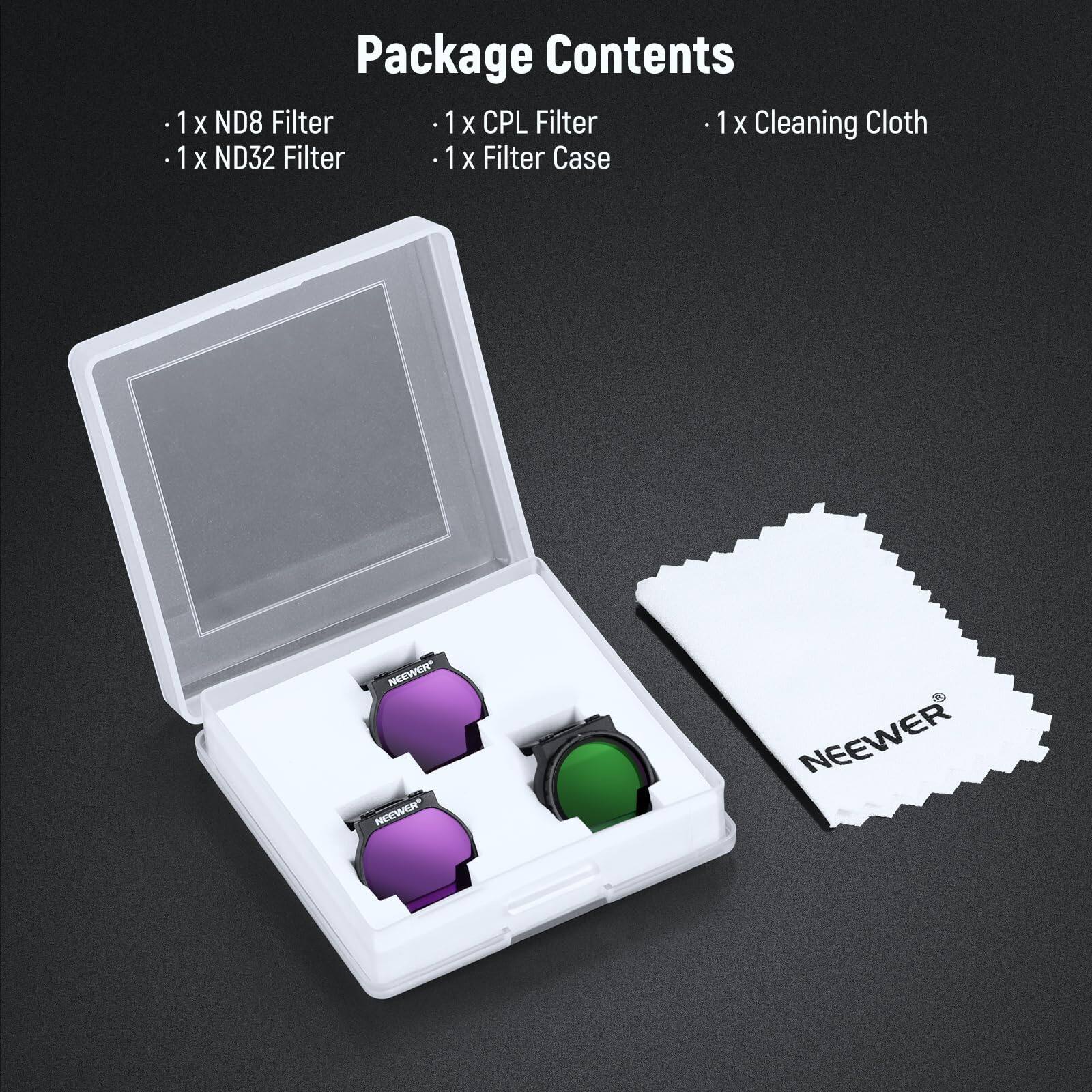 Package Contents

- 1 x ND8 Filter
- 1 x ND32 Filter
- 1 x CPL Filter
- 1 x Filter Case
- 1 x Cleaning Cloth