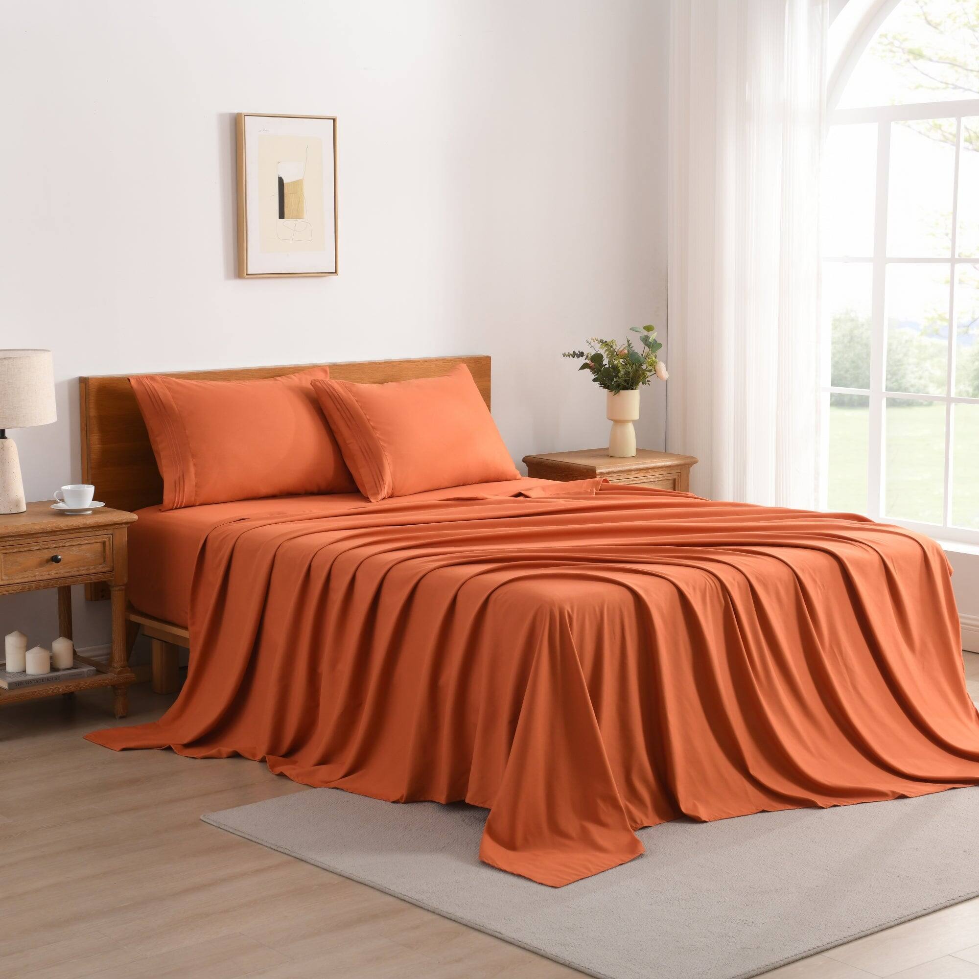 Angle. MarCielo - Marcielo 3/4 Pcs Soft Solid & Embroidery Bed Sheets Set - Salmon.