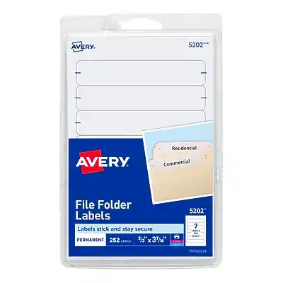 AVERY
5202
File Folder Labels
Labels stick and stay secure
PERMANENT
252 labels
2 5/8" x 3 7/8"
Residential
Commercial
7 sheets