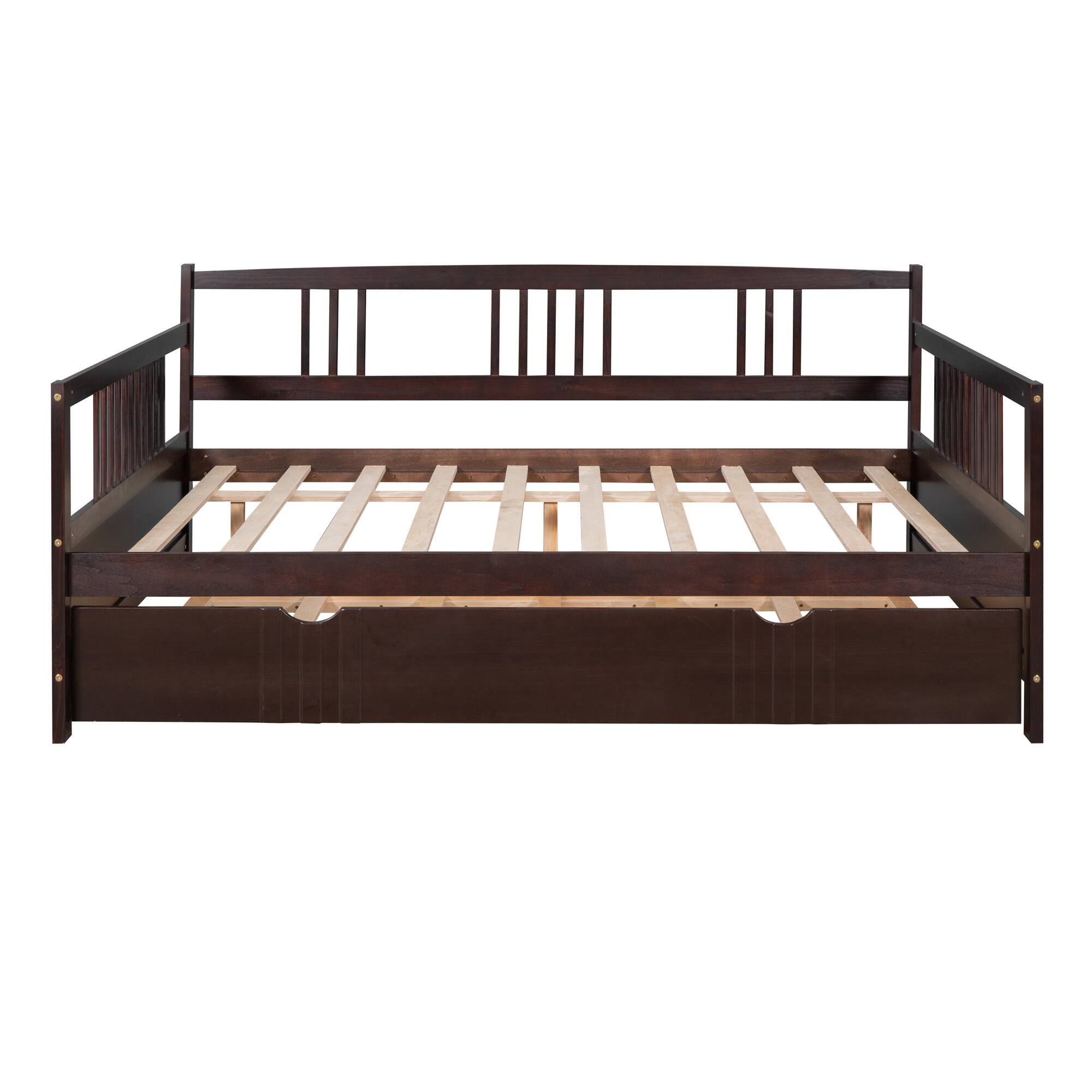 Back. Tiramisubest - Full Size Daybed Wood Bed with Twin Size Trundle,Espresso - Espresso.