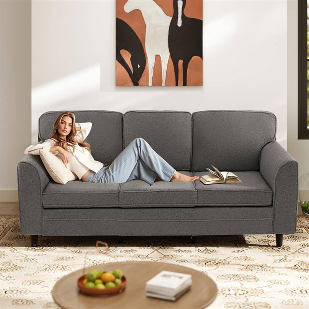Back. Kadyn - Upholstered Teddy Velvet 3-Seat Sofa with Comfy Back Pillows-Gray - Gray.