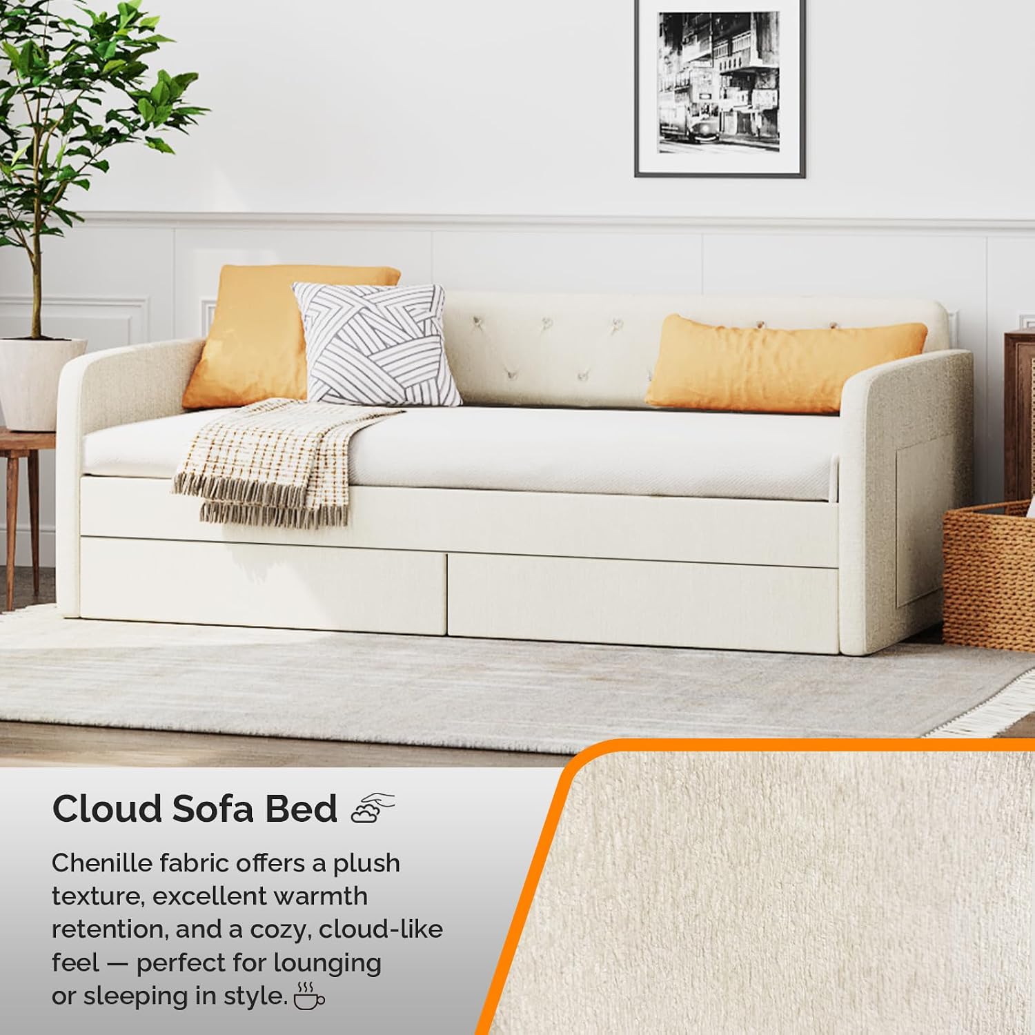 Cloud Sofa Bed  
Chenille fabric offers a plush texture, excellent warmth retention, and a cozy, cloud-like feel — perfect for lounging or sleeping in style.