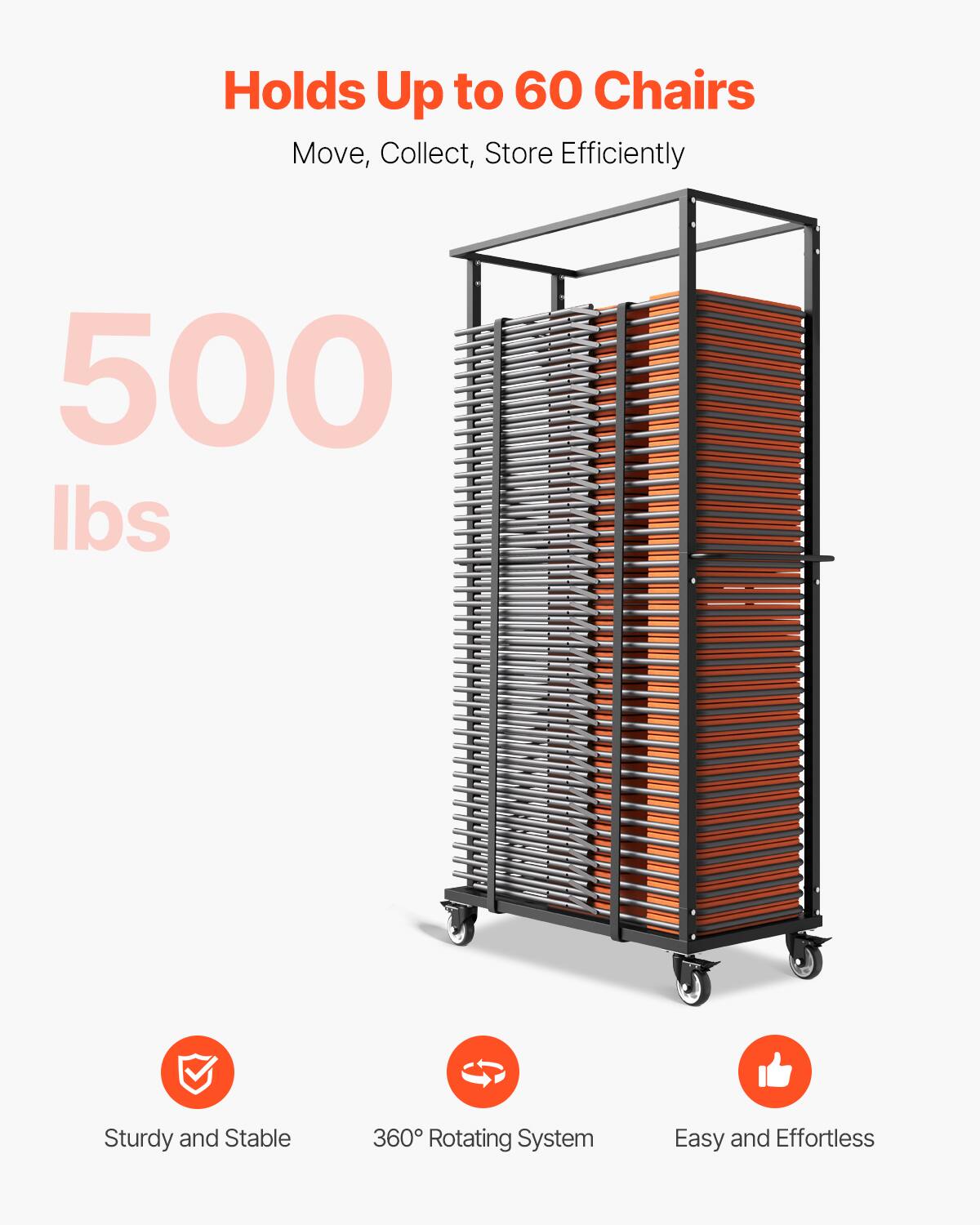 Holds Up to 60 Chairs, Move, Collect, Store Efficiently, 500 lbs, Sturdy and Stable, 360° Rotating System, Easy and Effortless
