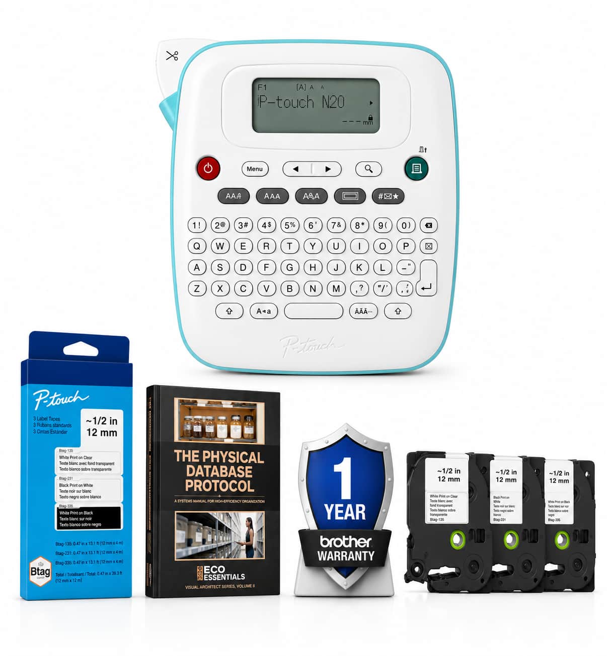 Brother - P-Touch PT-N20 Personal Desktop Label Maker + P-touch BTAG3M01 Btag Label Tape (3-Pack) Bundle - White
