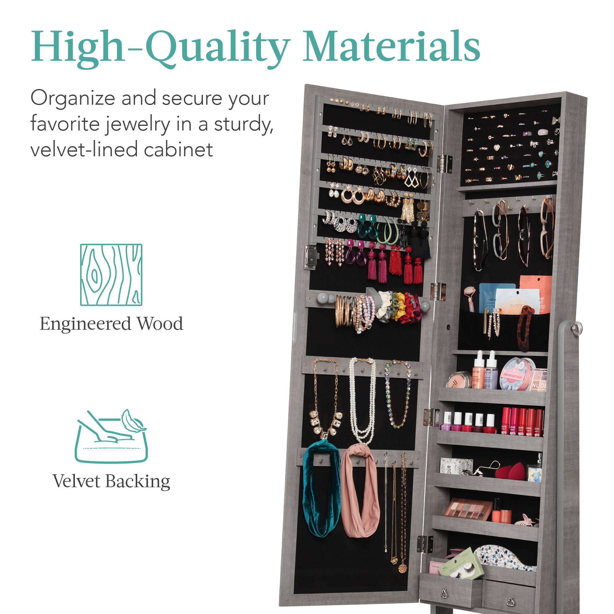 High-Quality Materials

Organize and secure your favorite jewelry in a sturdy, velvet-lined cabinet

Engineered Wood

Velvet Backing