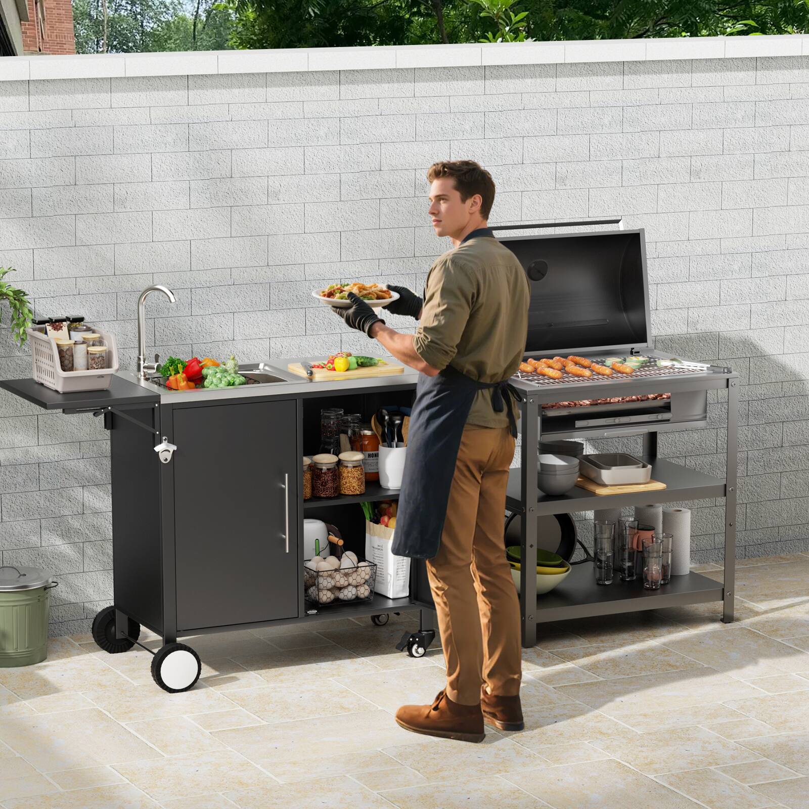 Alt View 7. Chateau Abodes - 304 Stainless Steel Outdoor Grill Table with Sink, Storage Cabinet on Wheels for Garden & Backyard - Black with Foldable Top.