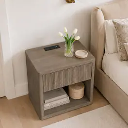 Loheer - Large Nightstand with Drawer, Fluted Bedside Table - Greige