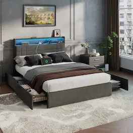 Furnulem - Bed Frame with 4 Drawers and Storage Headboard Upholstered Platform with Charging Station and LED Lights Metal Slats - Gray