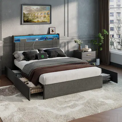 Front. Furnulem - Moden Bed Frame with Charging Station LED Lights Storage Drawers Upholstered Headboard No Box Spring Needed - Gray.
