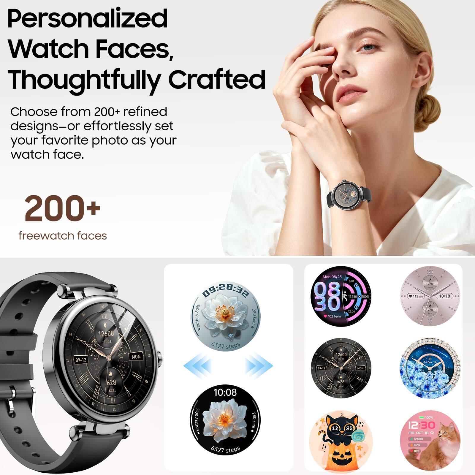 Personalized Watch Faces, Thoughtfully Crafted  
Choose from 200+ refined designs—or effortlessly set your favorite photo as your watch face.  

200+ freewatch faces