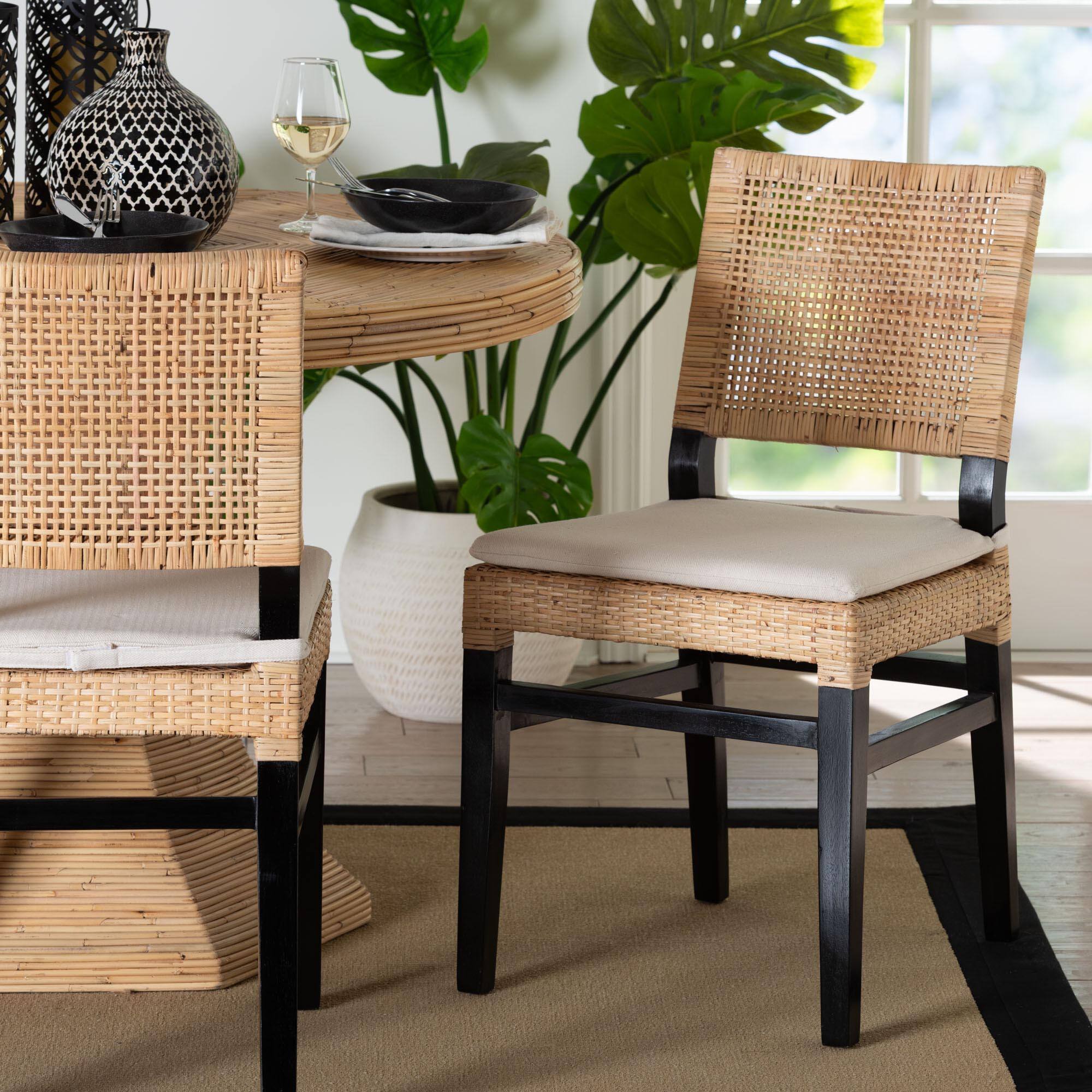Alt View 4. bali & pari - Lesia Natural Rattan Dining Chair with Cushion - Handwoven Wicker Side Chair with Mahogany Wood Frame - Natural Rattan/Espresso Brown.