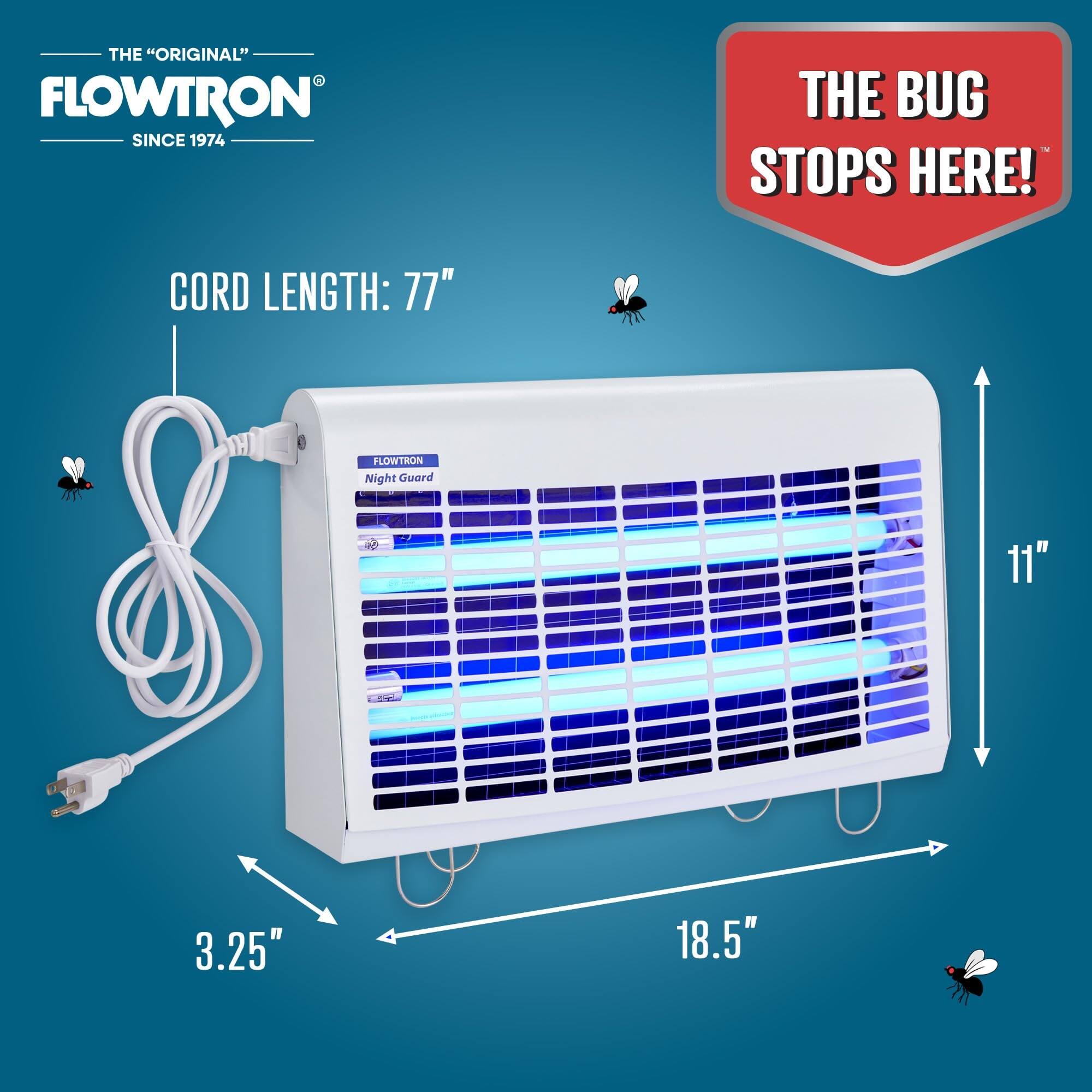 THE "ORIGINAL" FLOWTRON SINCE 1974  
THE BUG STOPS HERE!  
CORD LENGTH: 77"  
FLOWTRON Night Guard  
11" x 3.25" x 18.5"