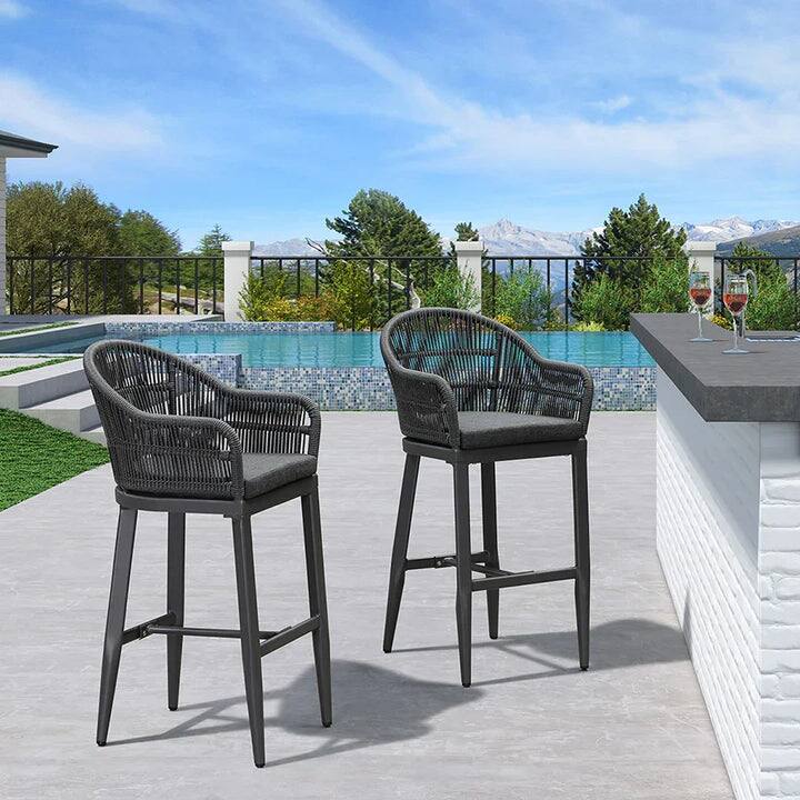 Alt View 1. PURPLE LEAF - Outdoor Counter/Bar Height Stools Rattan Wicker Bar Chairs Set of 2 Woven Aluminum Barstools with Back and Cushions - Grey-Bar Stool.