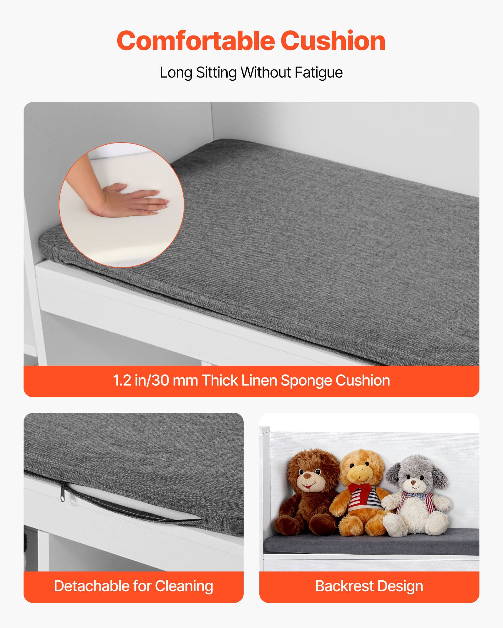 Comfortable Cushion  
Long Sitting Without Fatigue  

1.2 in/30 mm Thick Linen Sponge Cushion  

Detachable for Cleaning  

Backrest Design