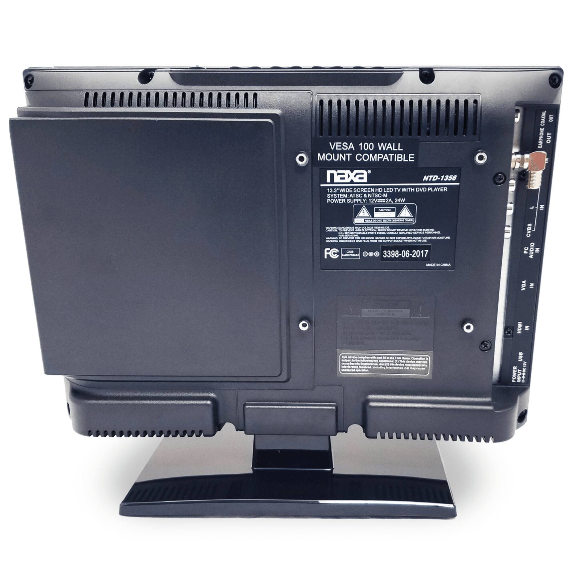 VESA 100 WALL MOUNT COMPATIBLE
naxa NTD-1356
13.3" WIDE SCREEN LED TV WITH DVD PLAYER
POWER SUPPLY: 12V2A 24W
FC 00 3398-06-2017
POWER INPUT
AUDIO
OUTPUT