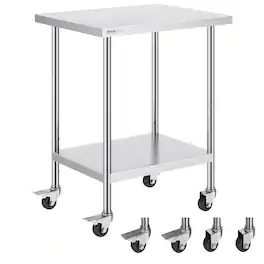 VEVOR - Stainless Steel Work Table 24 x 30 x 38 Inch, with 4 Wheels, 3 Adjustable Height Levels, Heavy Duty Food Prep Worktable - Silver