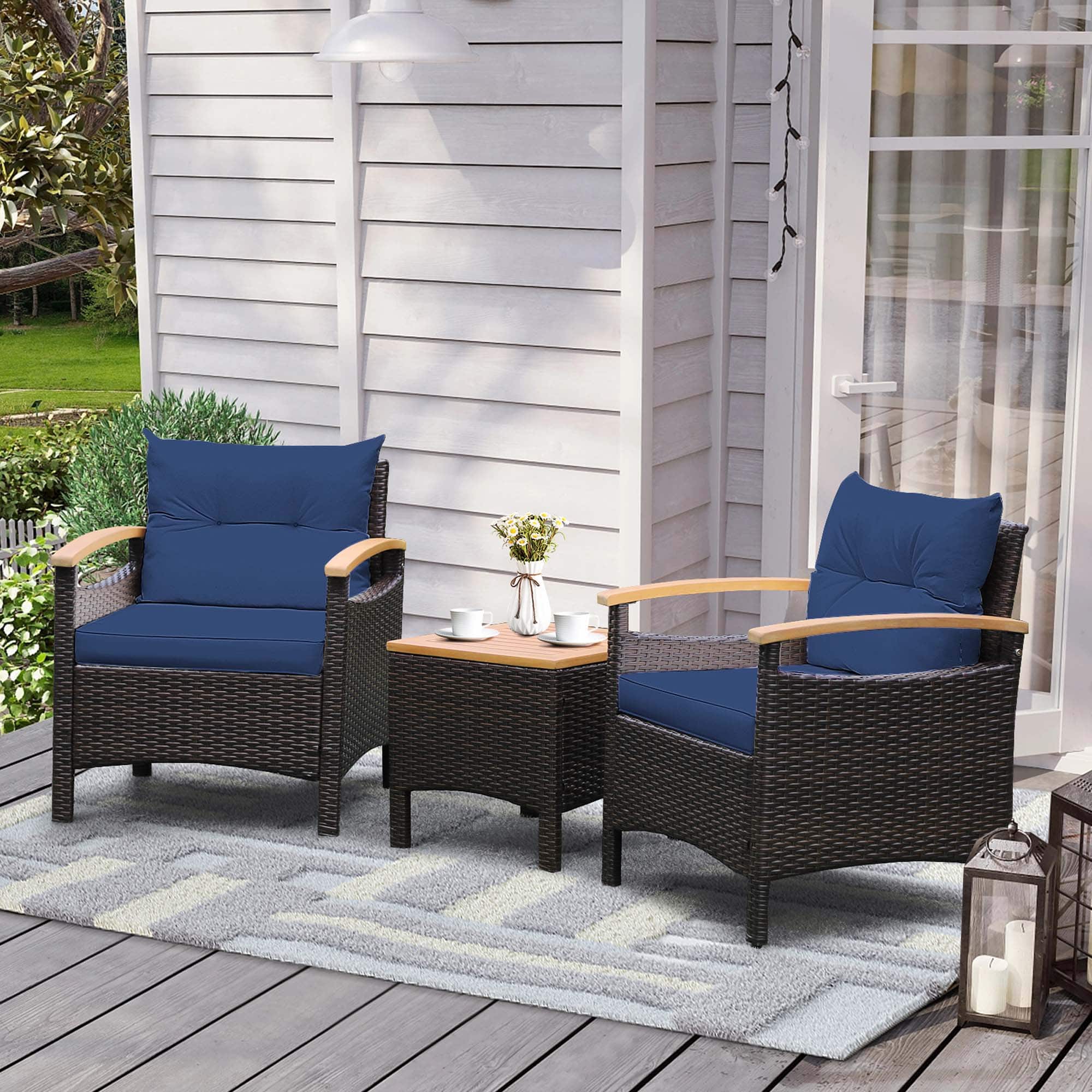 Alt View 1. Costway - Costway 3PCS Patio Rattan Furniture Set Wooden Armrest Table Top Cushioned Deck - Mix Brown,Navy.