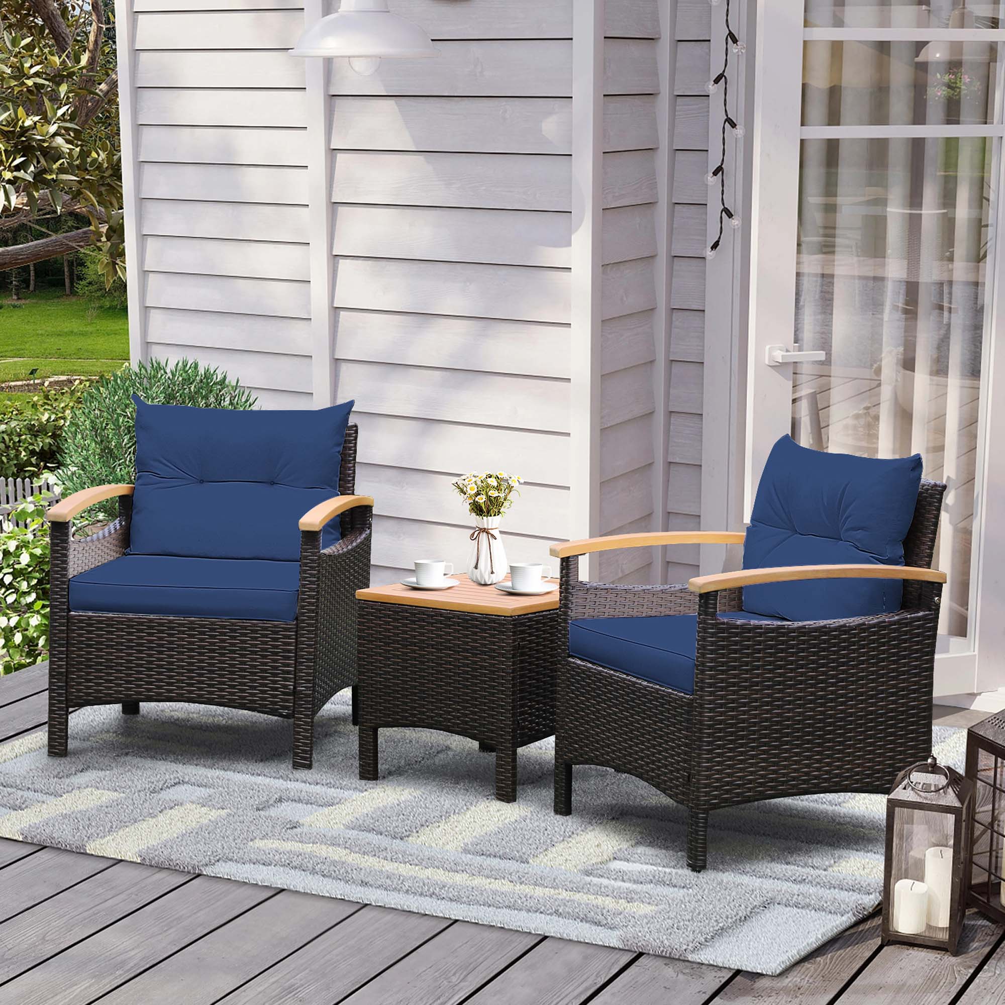 Alt View 1. Costway - Costway 3PCS Patio Rattan Furniture Set Wooden Armrest Table Top Cushioned Deck - Mix Brown,Navy.