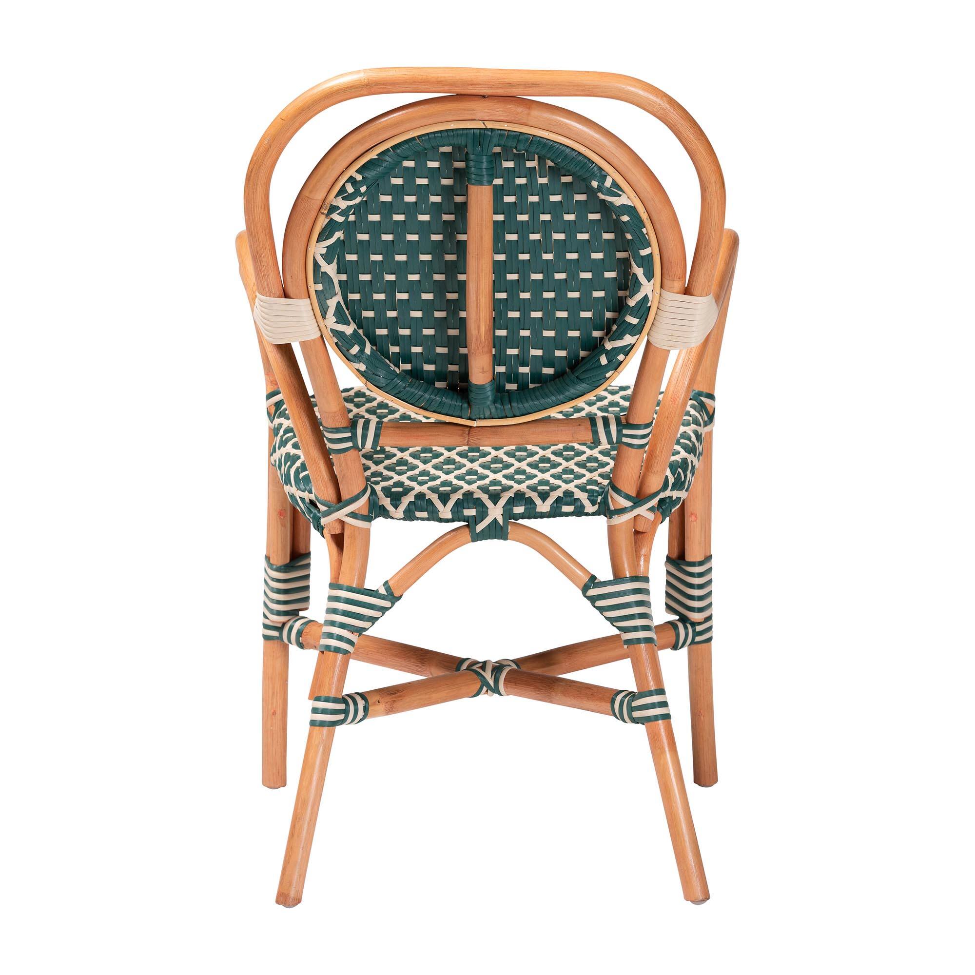 Back. bali & pari - Mattie Rattan Bistro Chair - Cafe-Style Dining Chair with Curved Arms for Indoor/Outdoor Lounge, Green - Natural Brown/Green/White.