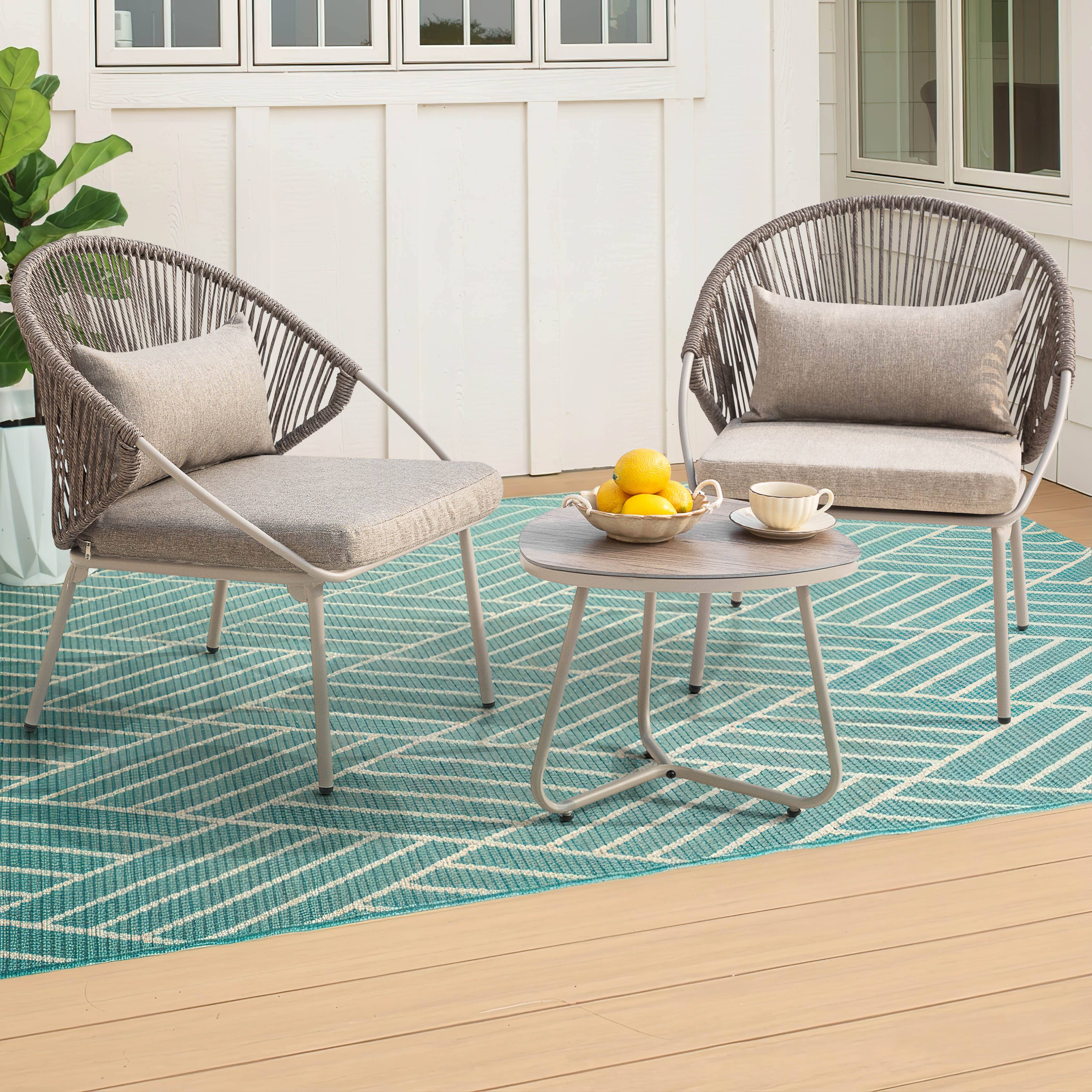 Angle. Nuu Garden - 3PCS PE Wicker Patio Bistro Set with Zippered Cushions, Wood-Grain Tabletop - Grayish Brown.