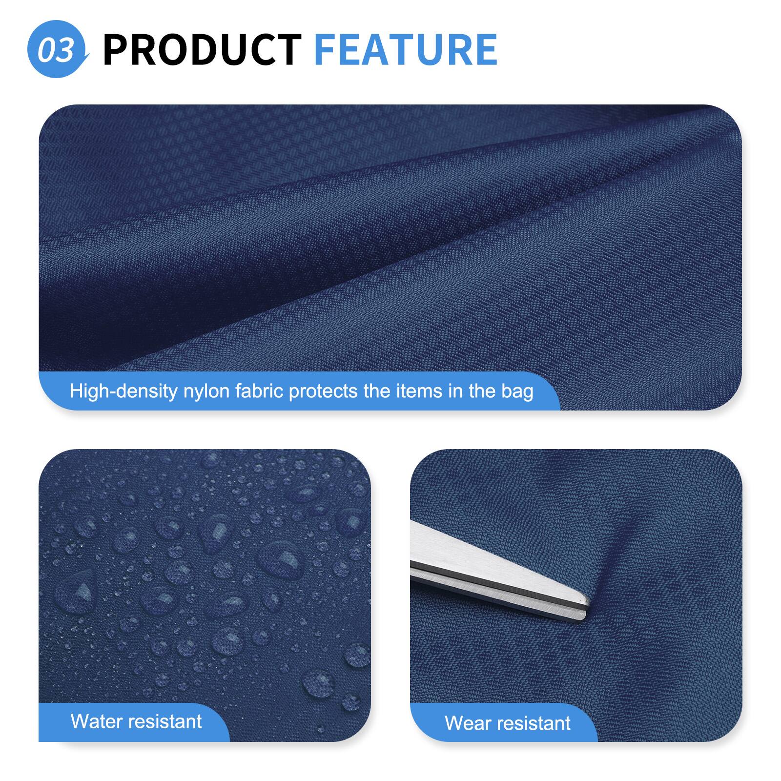03 PRODUCT FEATURE

- High-density nylon fabric protects the items in the bag
- Water resistant
- Wear resistant