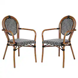 Flash Furniture - 2 Pack Lourdes Indoor/Outdoor Commercial Thonet Bistro Stacking Chair with Arms, and White PE Rattan and Natural A - Black