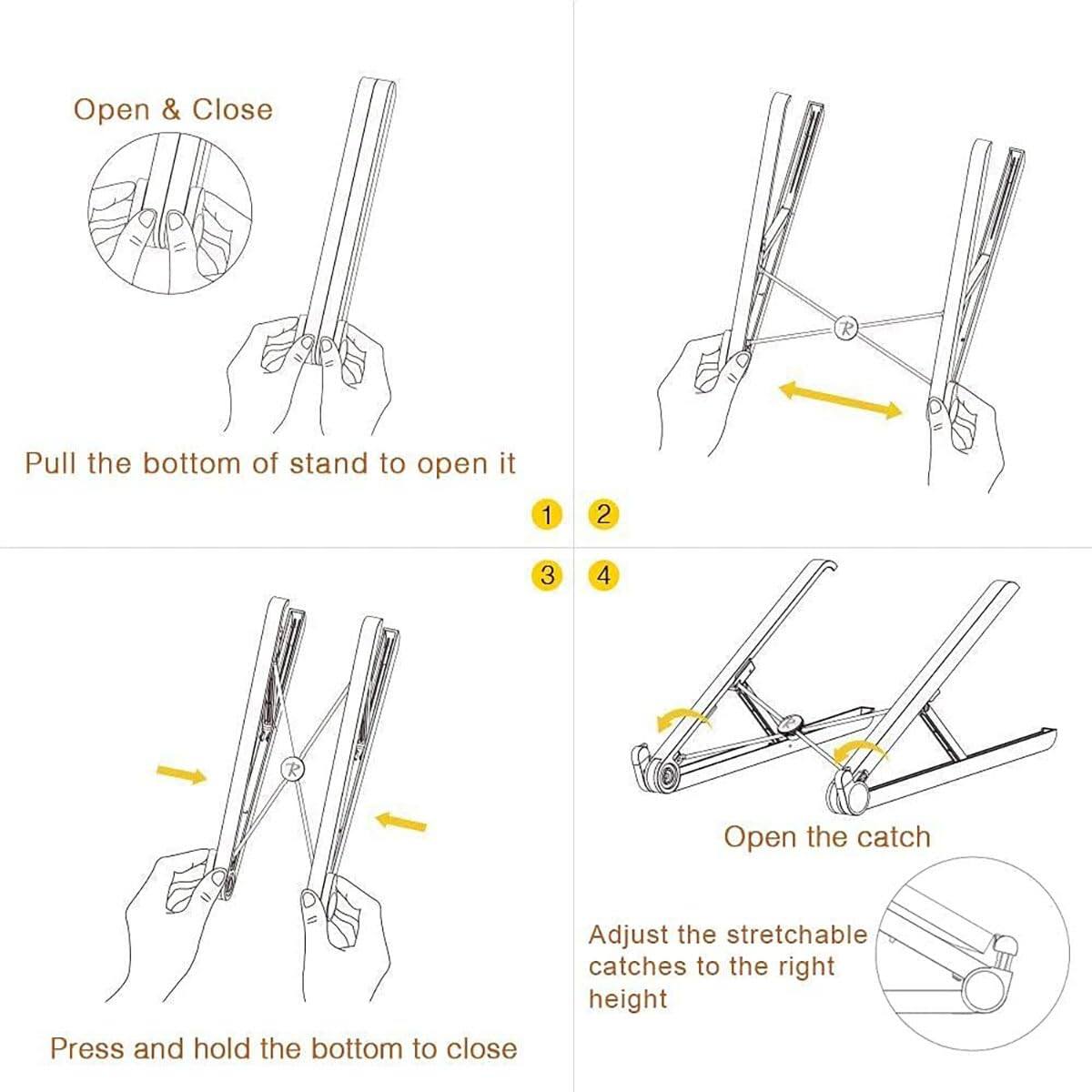 Open & Close

1. Pull the bottom of stand to open it
2. Press and hold the bottom to close
3. Open the catch
4. Adjust the stretchable catches to the right height