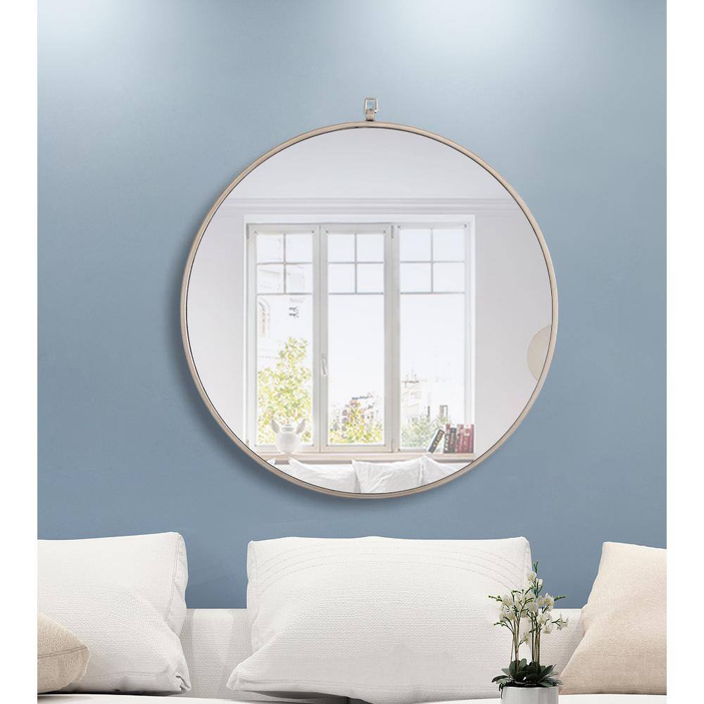 Left. Elegant Decor - Metal frame Round Mirror with decorative hook 28 inch Silver finish - Silver.