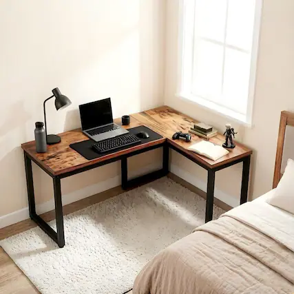 Front. Dyonery - 66-in L-shaped computer desk, metal frame, rechargeable, corner-style desk, suitable for office use - Brown.