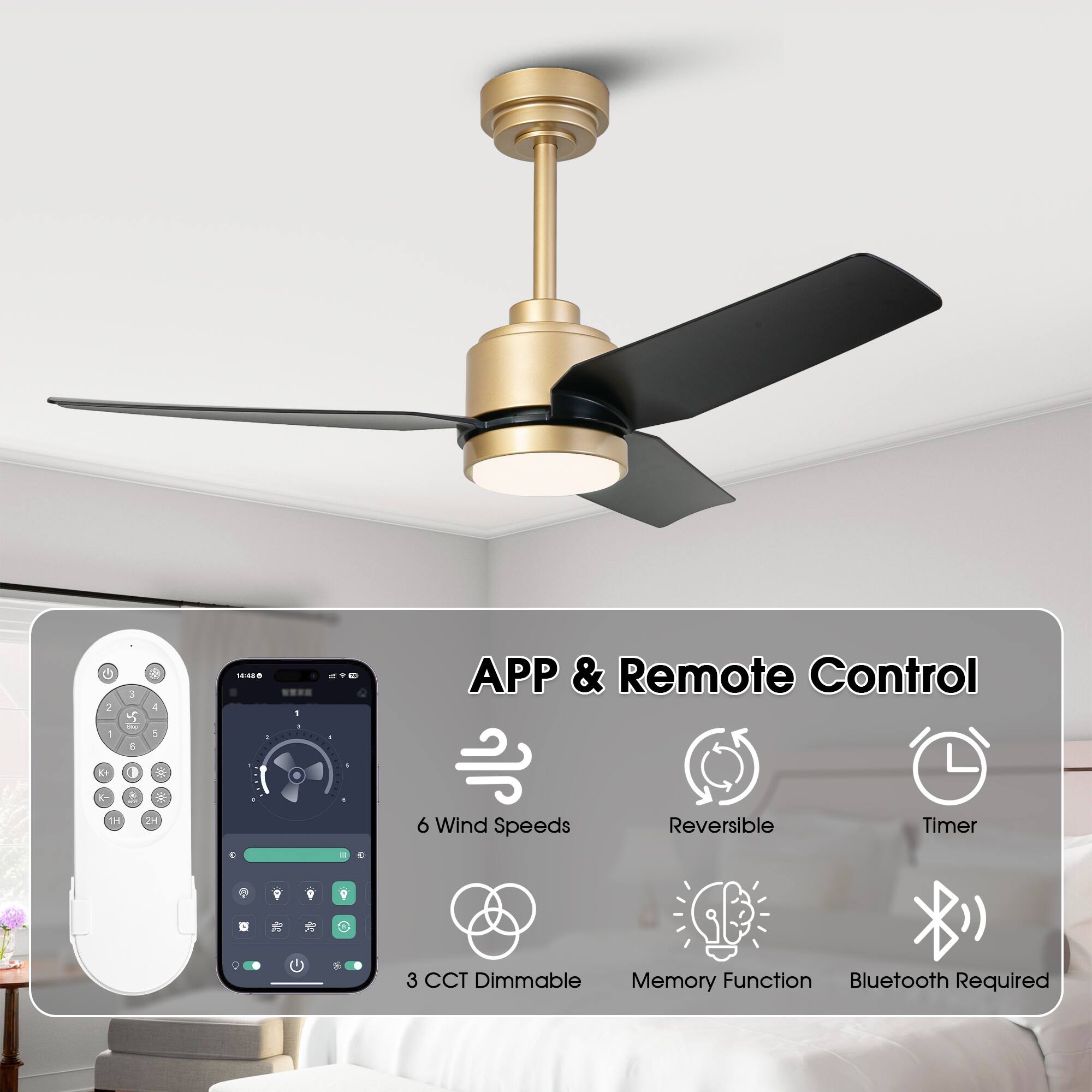 - APP & Remote Control
- 6 Wind Speeds
- Reversible
- Timer
- 3 CCT Dimmable
- Memory Function
- Bluetooth Required