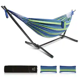 Winado - 9FT Heavy Duty Hammock Set 2-Person Double with Stand, Portable Carrying Bag for Indoor Outdoor Patio Deck Yard Beach - Blue Stripes