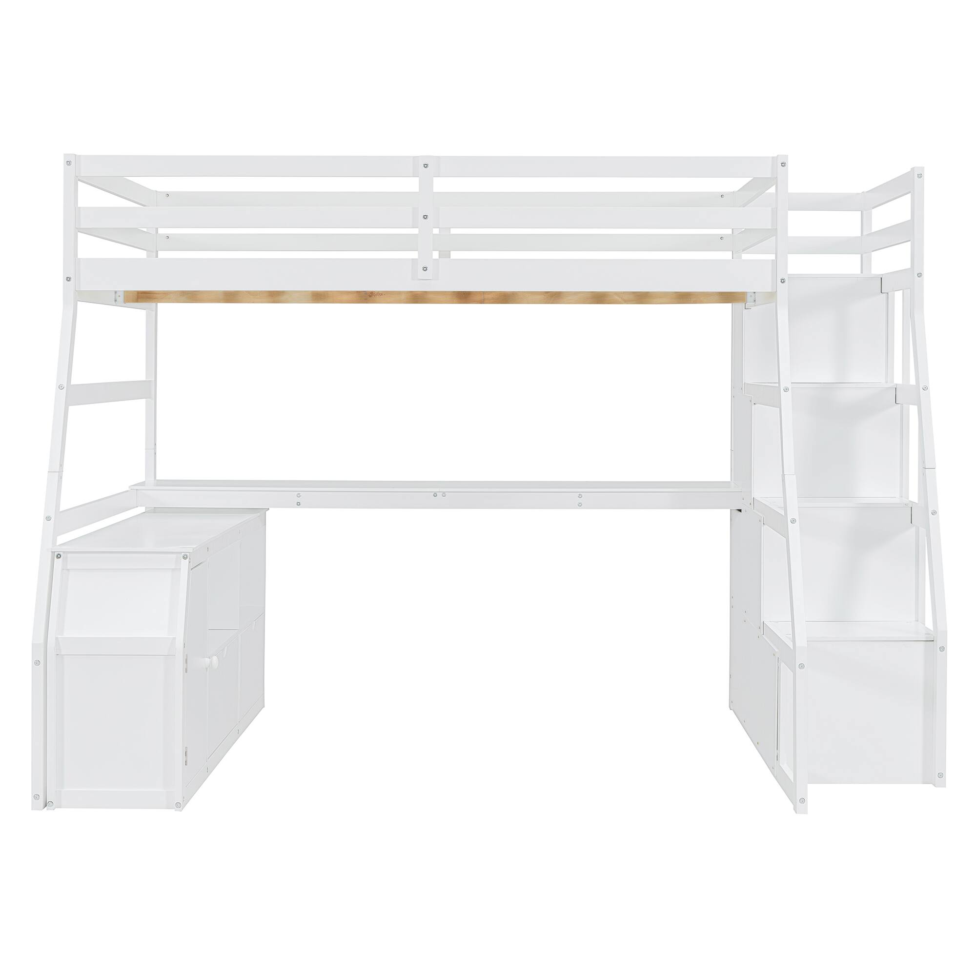 Back. Tiramisubest - Full Size White Loft Bed with 7 Drawers, 2 Shelves & Desk - Plywood - White.