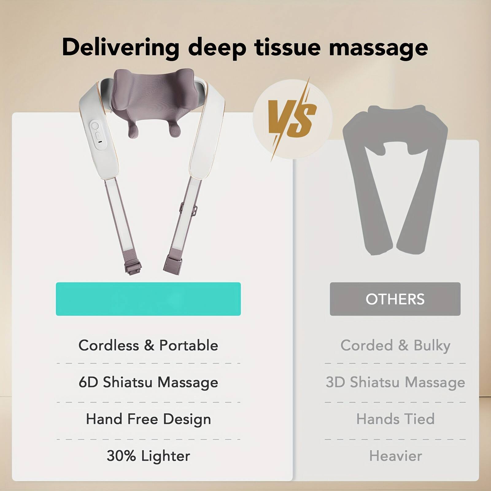 Delivering deep tissue massage

Cordless & Portable  
6D Shiatsu Massage  
Hand Free Design  
30% Lighter  

vs  

OTHERS  
Corded & Bulky  
3D Shiatsu Massage  
Hands Tied  
Heavier