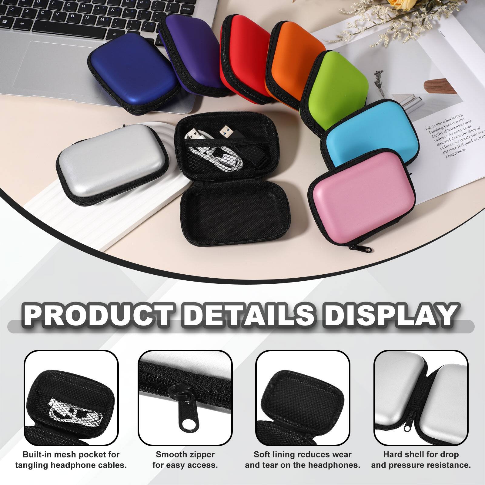 PRODUCT DETAILS DISPLAY

- Built-in mesh pocket for tangling headphone cables.
- Smooth zipper for easy access.
- Soft lining reduces wear and tear on the headphones.
- Hard shell for drop and pressure resistance.
