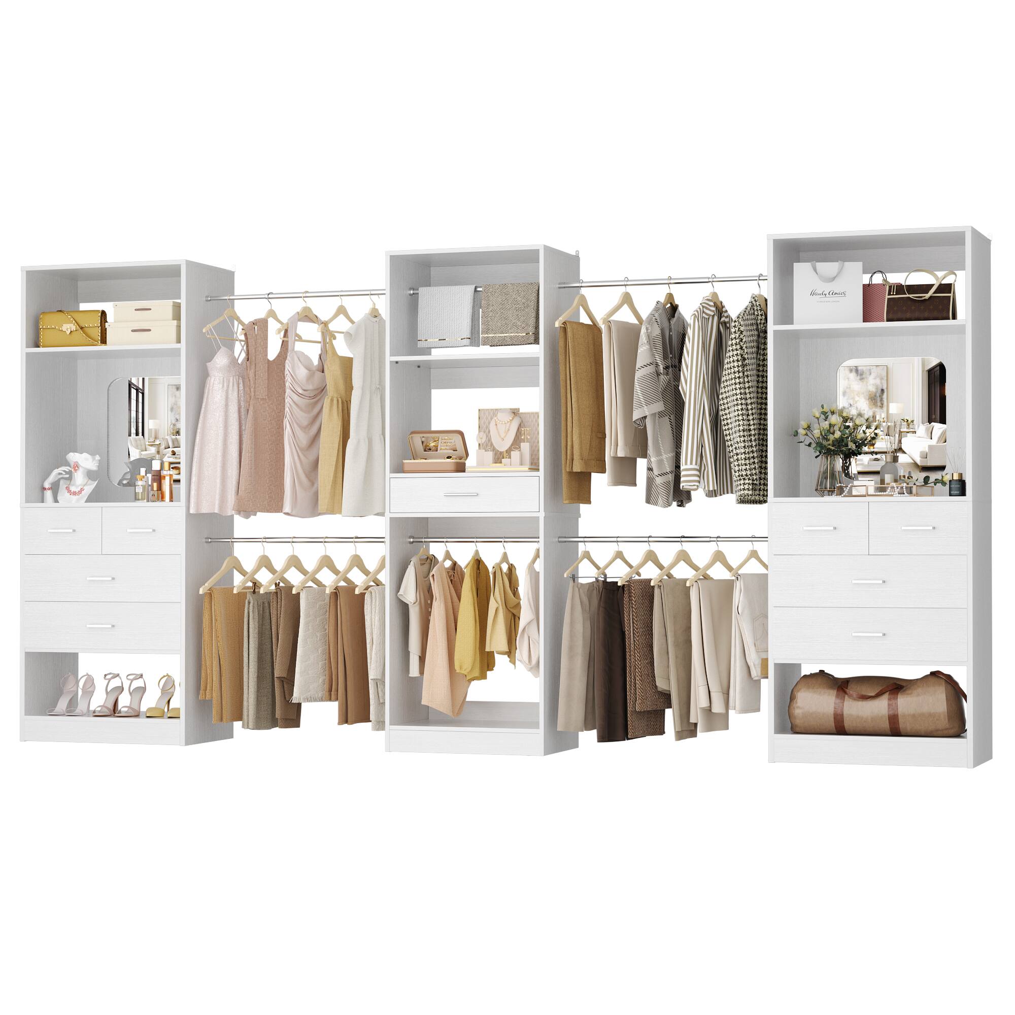 Angle. Aheaplus - 6 - 18.5 ft Closet System Set of 3, with 9 Drawers, 6 Hanging Rods and Mirrors - White.