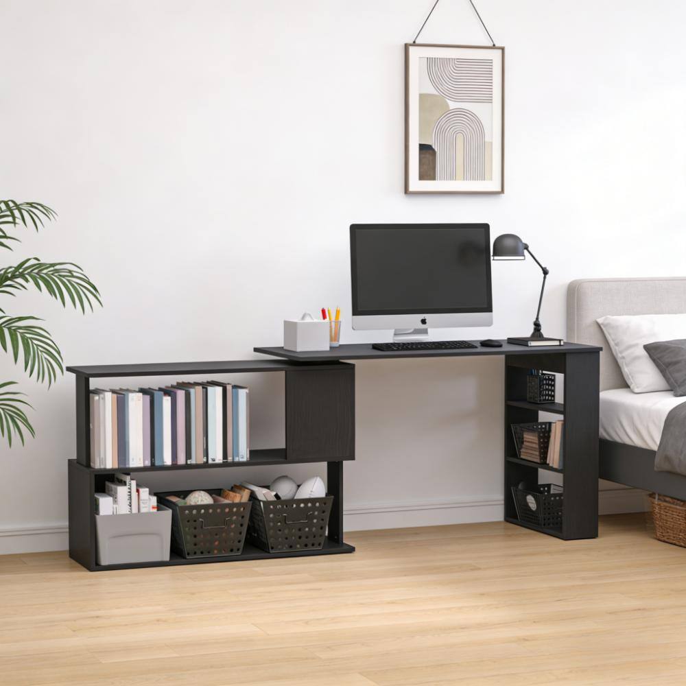 Left. Anysun - Modern Minimalist Rotating Design Wooden Laminated Corner Computer Desk with Shelf and Side Bookcase, Assembly Required - Black.