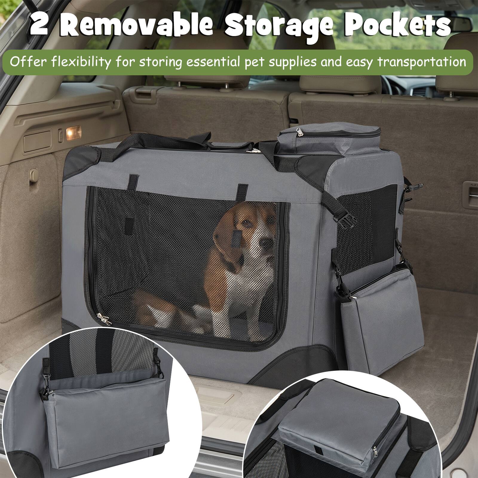 2 Removable Storage Pockets  
Offer flexibility for storing essential pet supplies and easy transportation