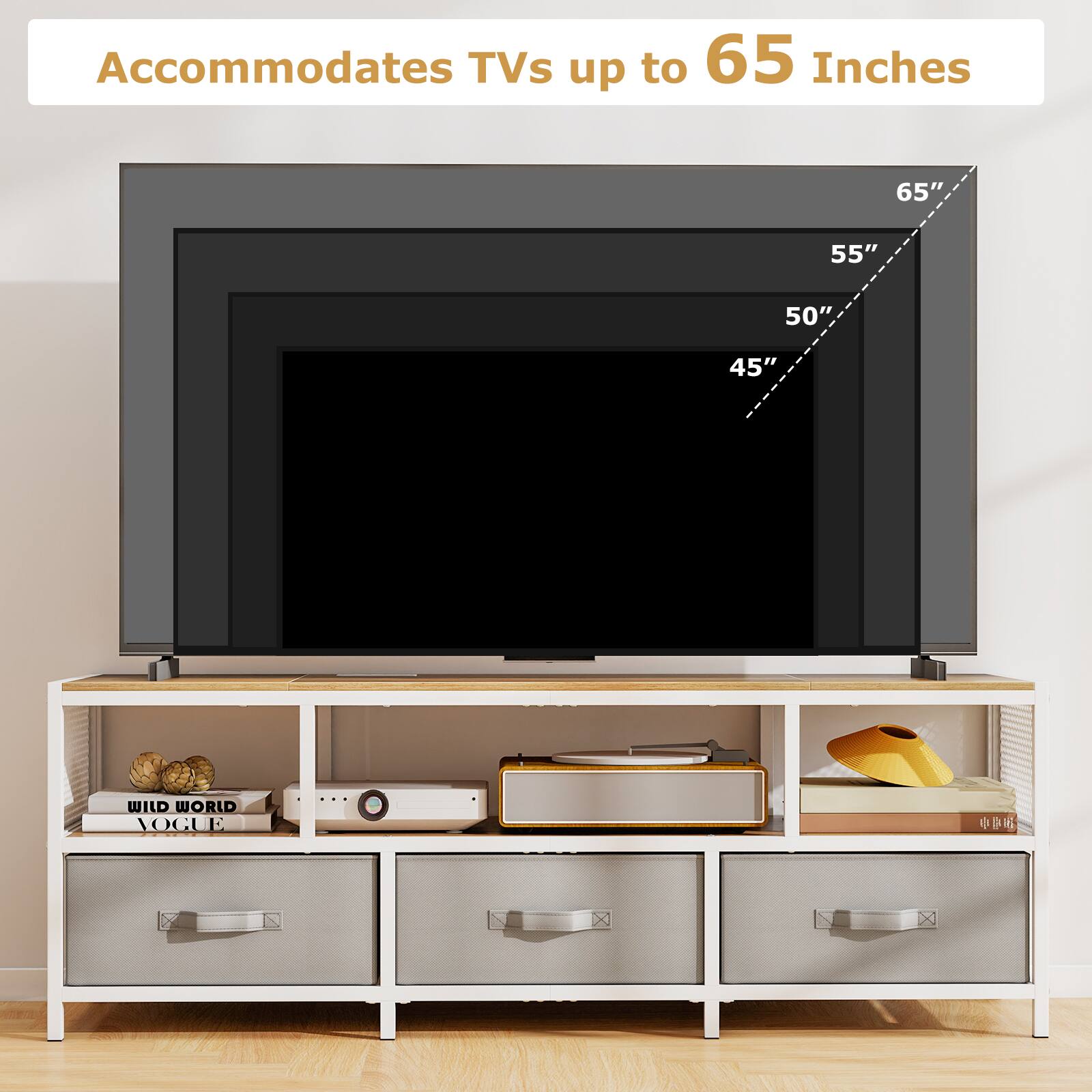 Accommodates TVs up to 65 Inches, 65", 55", 50", 45", WILD WORLD VOGUE