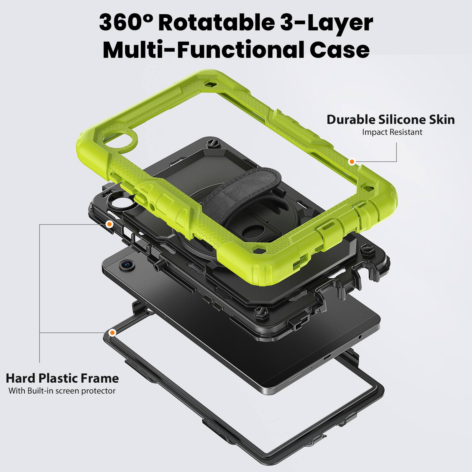 360° Rotatable 3-Layer Multi-Functional Case

Durable Silicone Skin
Impact Resistant

Hard Plastic Frame
With Built-in screen protector