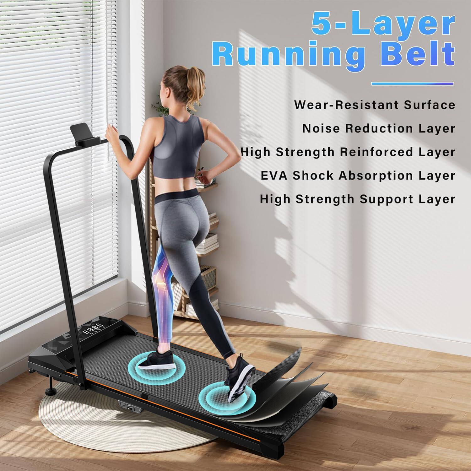 5-Layer Running Belt

- Wear-Resistant Surface
- Noise Reduction Layer
- High Strength Reinforced Layer
- EVA Shock Absorption Layer
- High Strength Support Layer