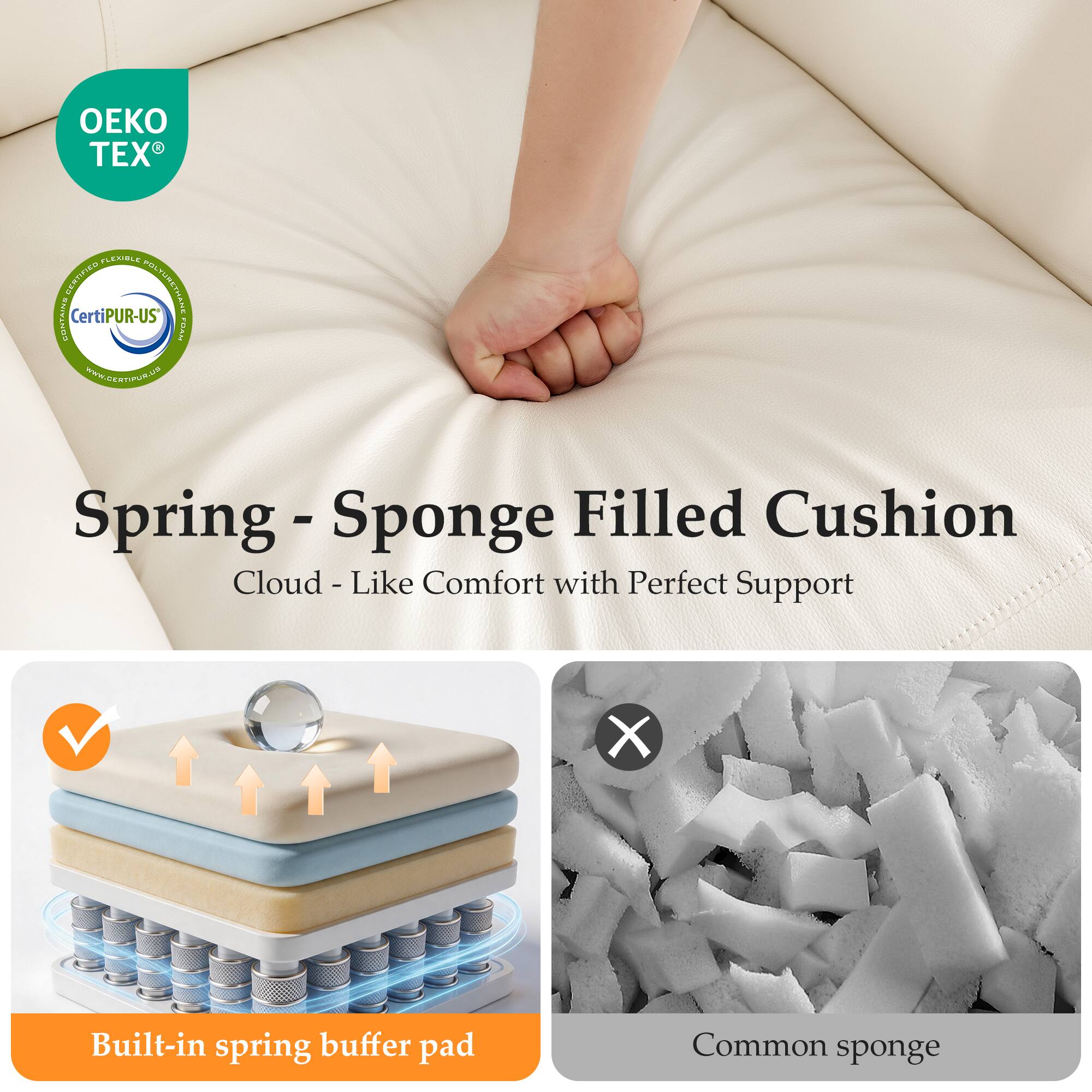 1 EX MCRE BEMLFICO POLYURETHANE COwNe CAMLANS CertiPUR-US PTS CN.GEARINUR.UO Spring - Sponge Filled Cushion Cloud - Like Comfort with Perfect Support X Built-in spring buffer pad Common sponge