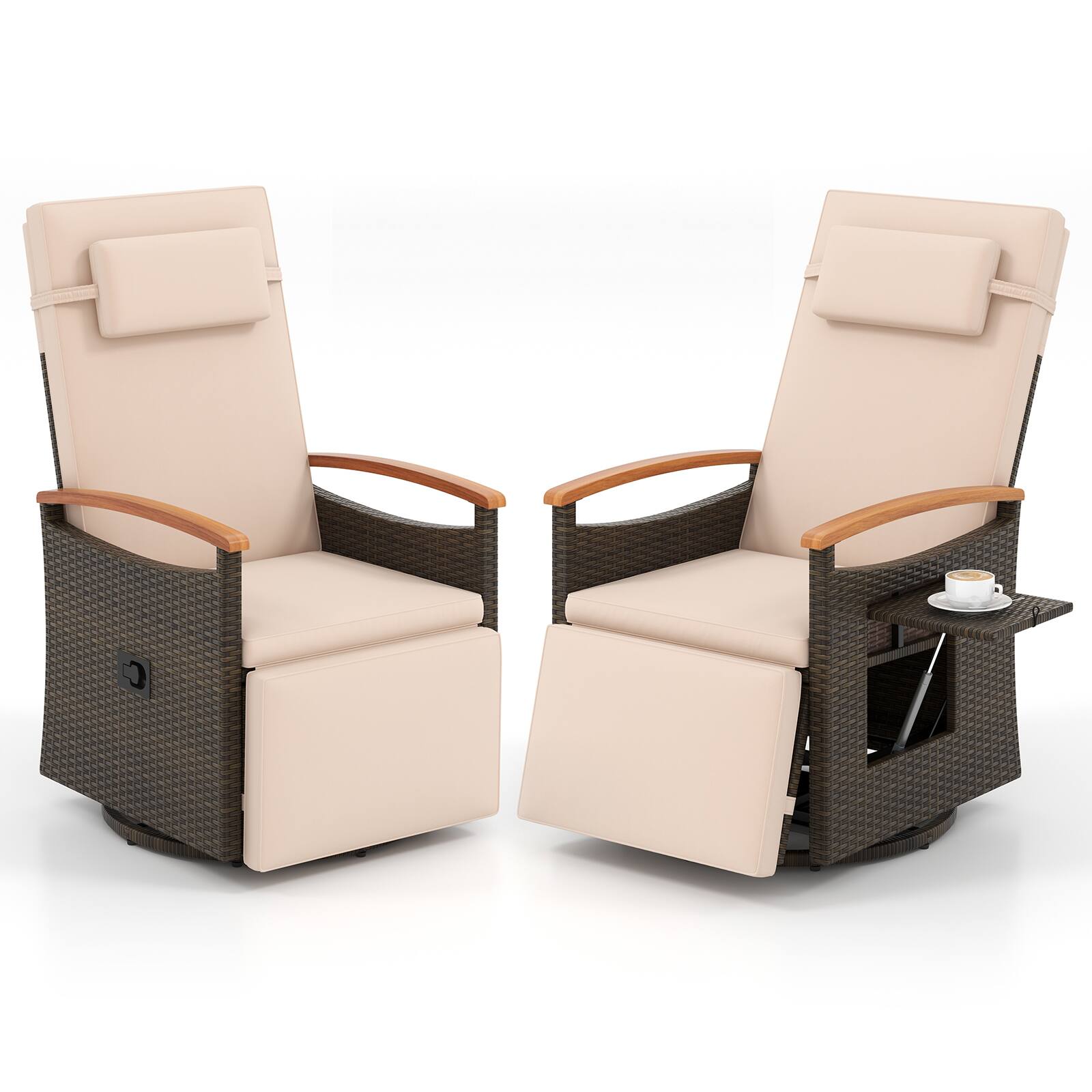 Gymax - 2PCS Outdoor 360° Swivel Rattan Recliner Chair Patio Wicker Chaise Lounge Chair - Beige